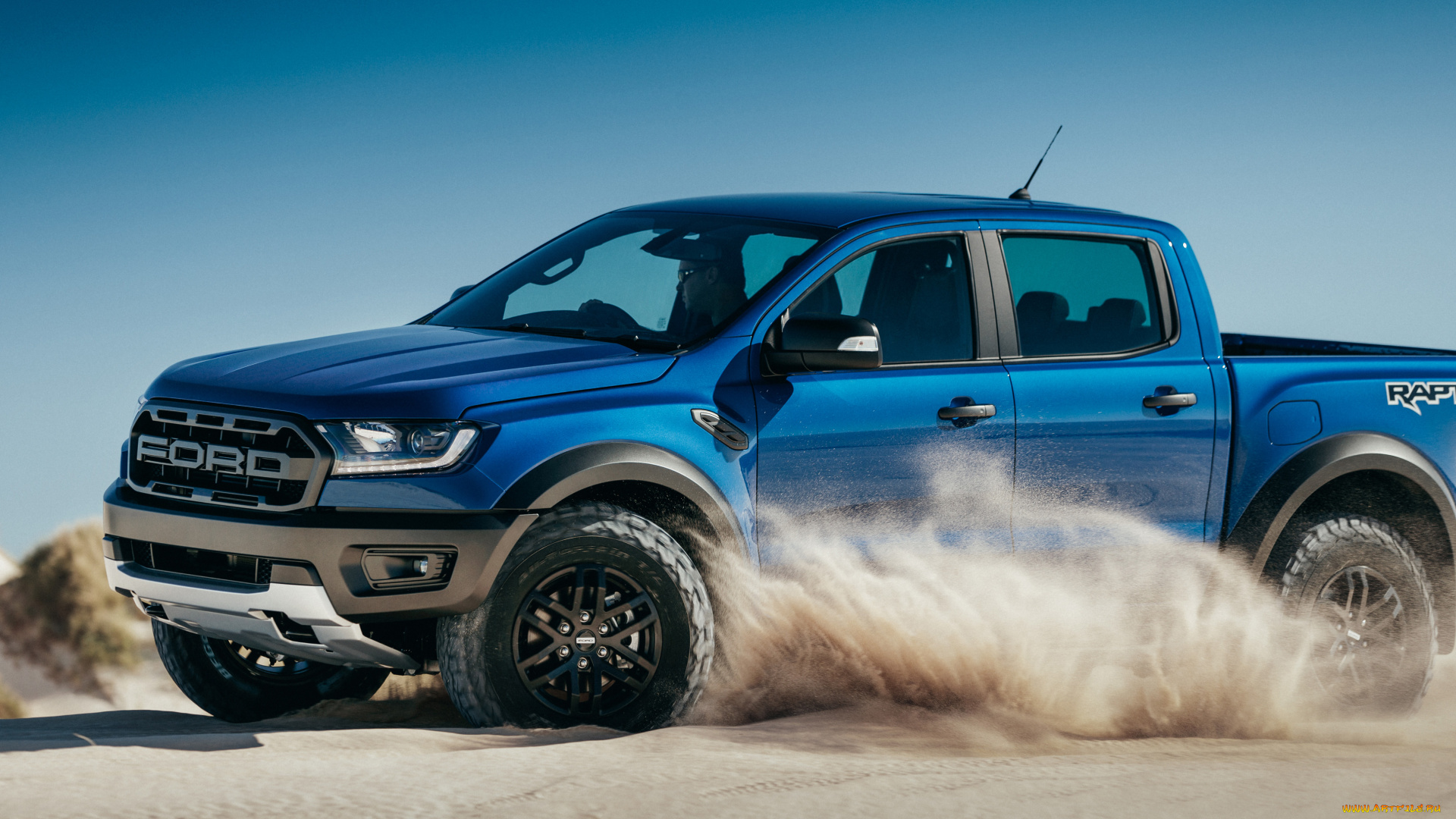 ford, ranger, raptor, , 2019, автомобили, ford, ranger, raptor, занос, песок, форд, синий, пикап, раптор