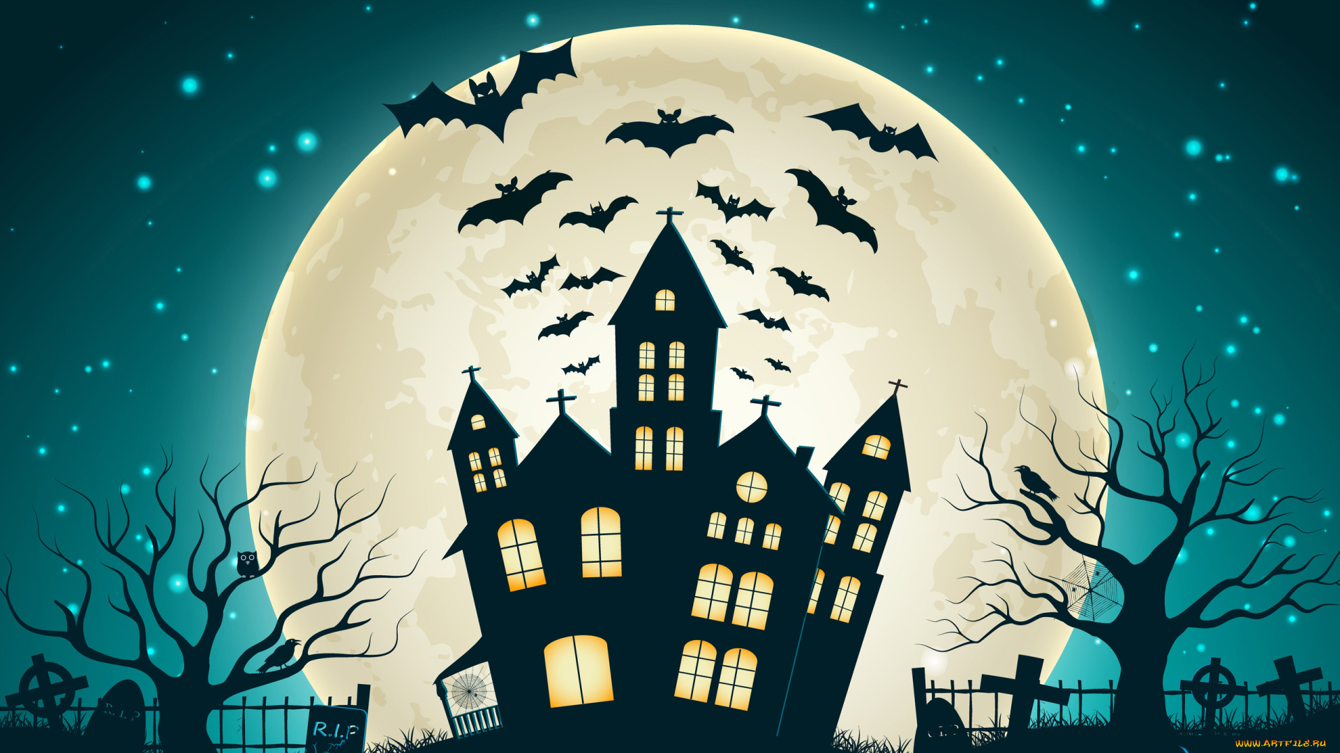 праздничные, хэллоуин, halloween, кладбище, дом, луна, мыши, ночь