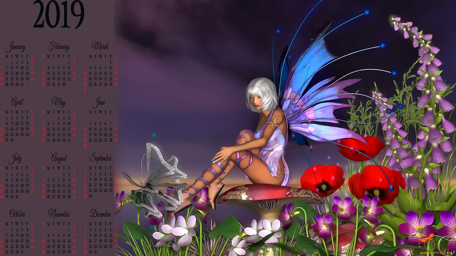 календари, 3д-графика, гриб, девушка, фея, бабочка, крылья, цветы