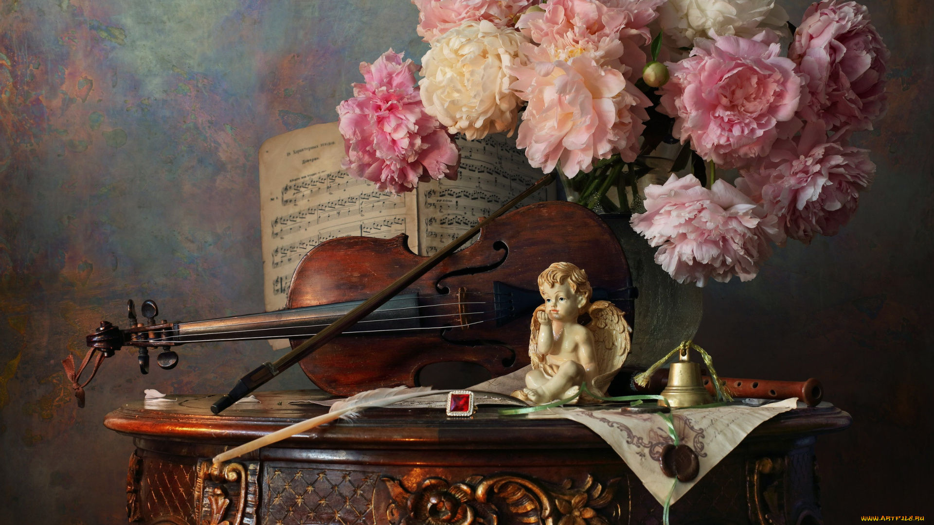 музыка, -музыкальные, инструменты, скрипка, ноты, пионы, букет, статуэтка
