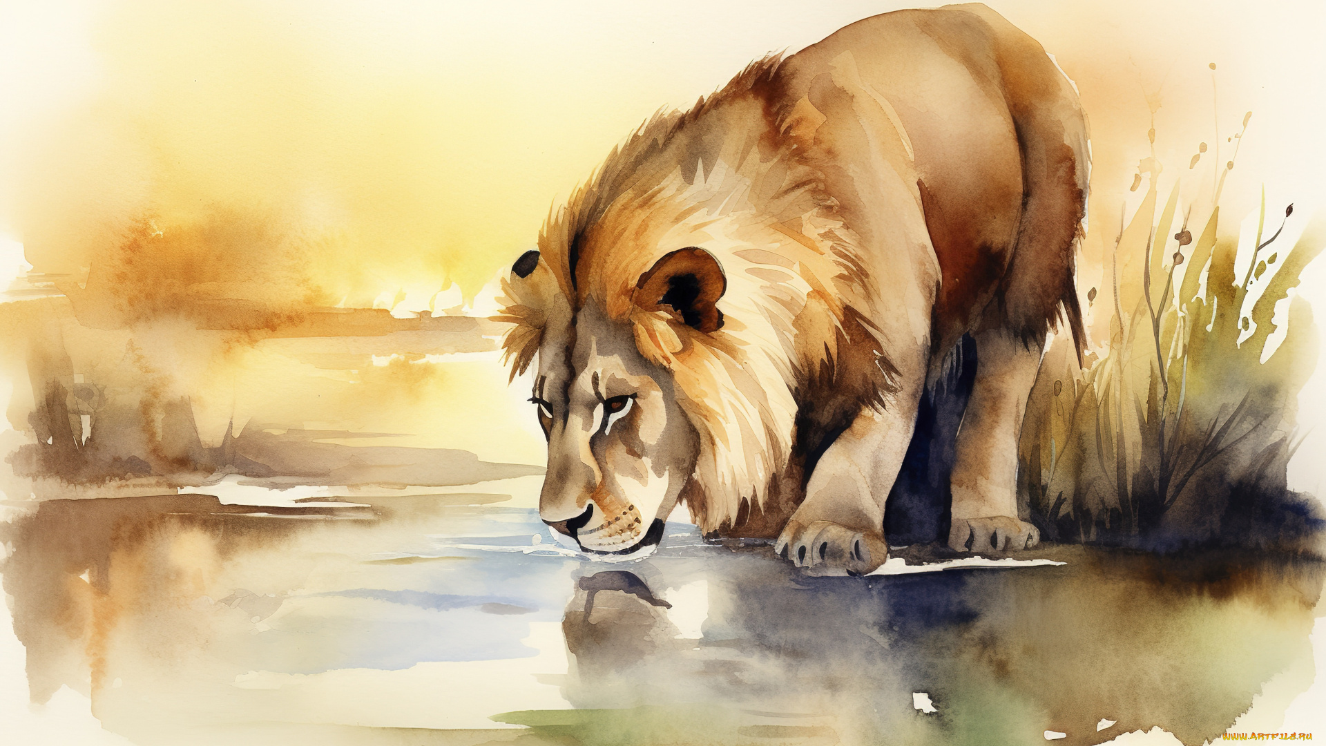 рисованное, животные, лев, вода, природа