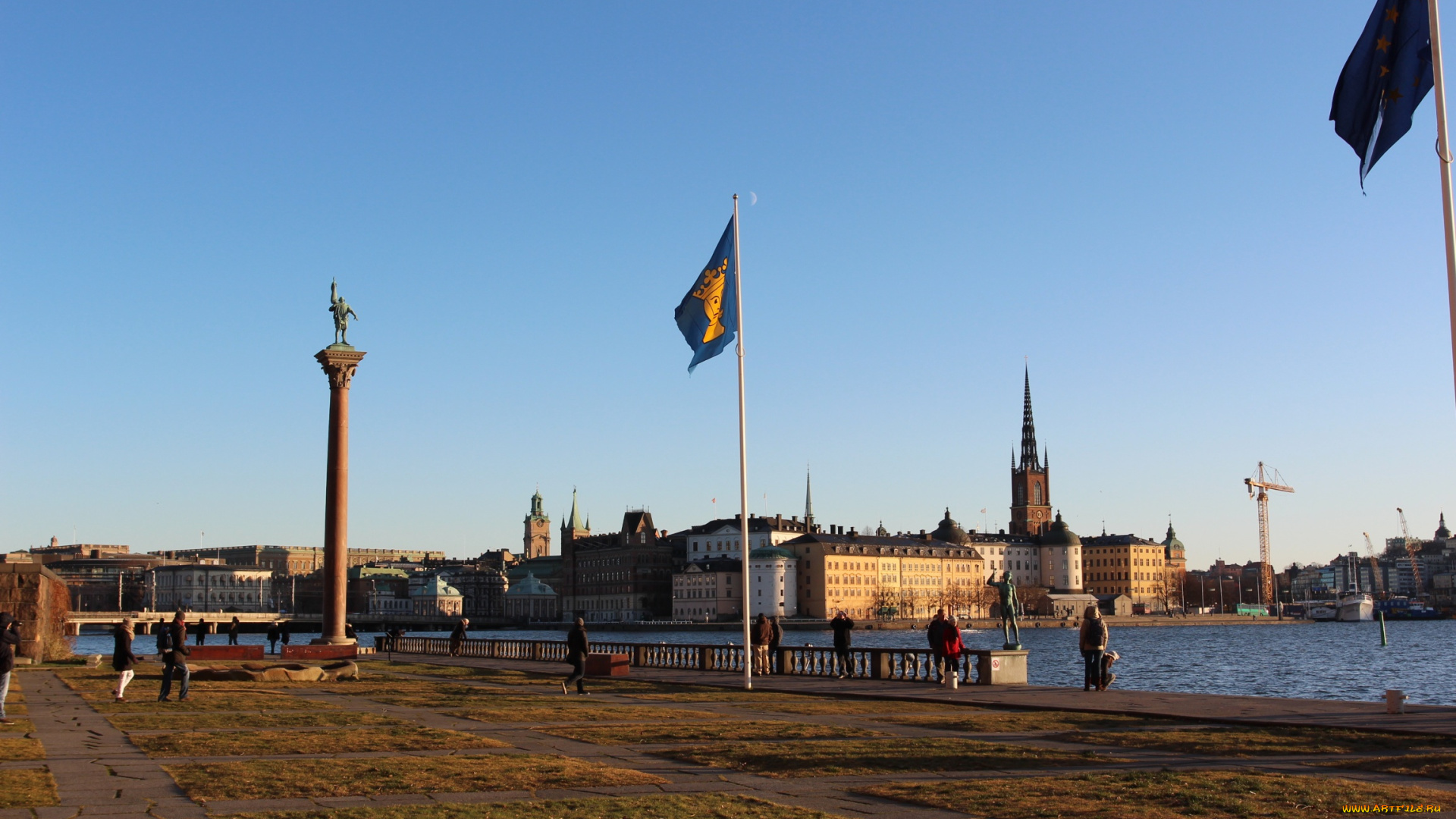 города, стокгольм, швеция, статуи, флаги, ратуша, река