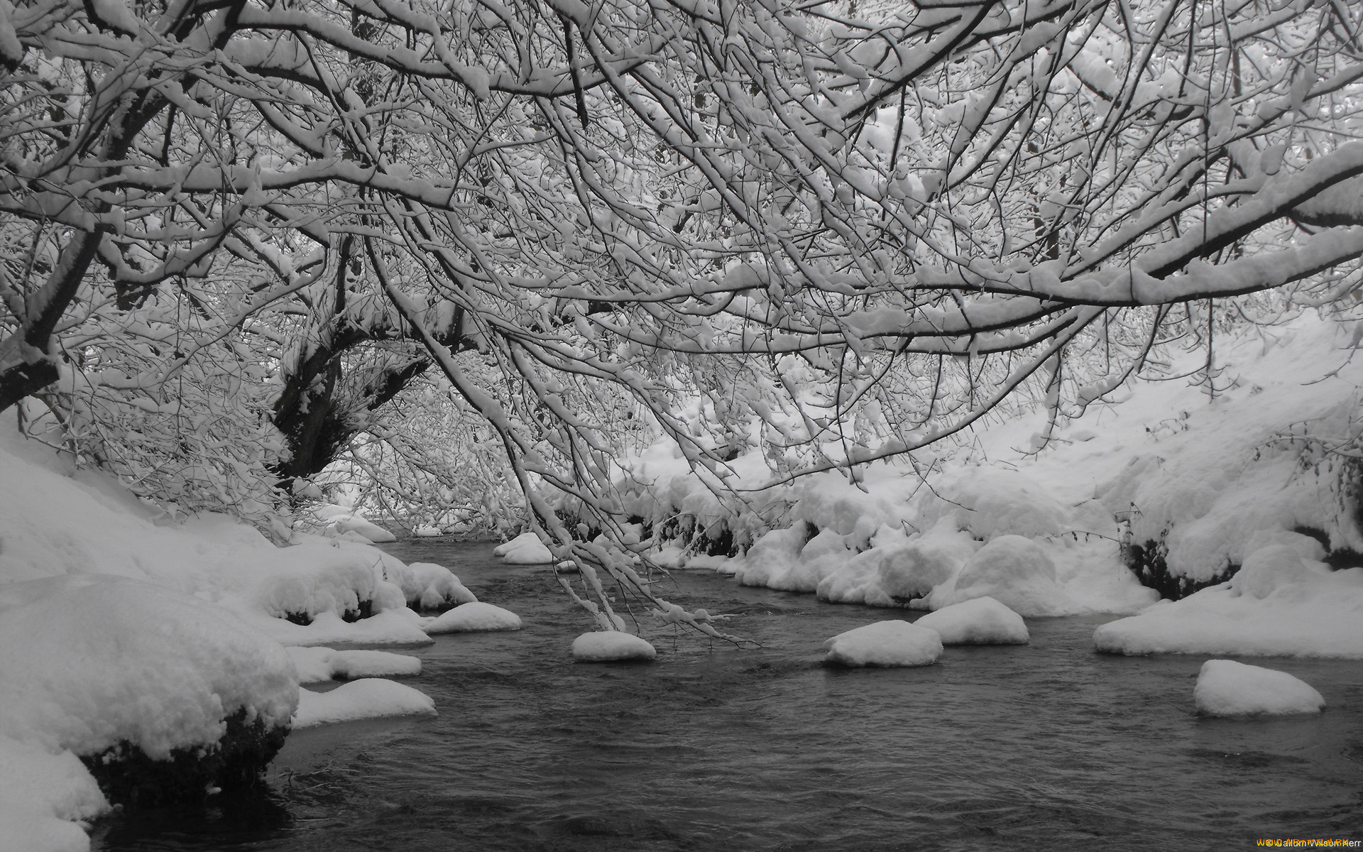 природа, зима, снег, река, деревья