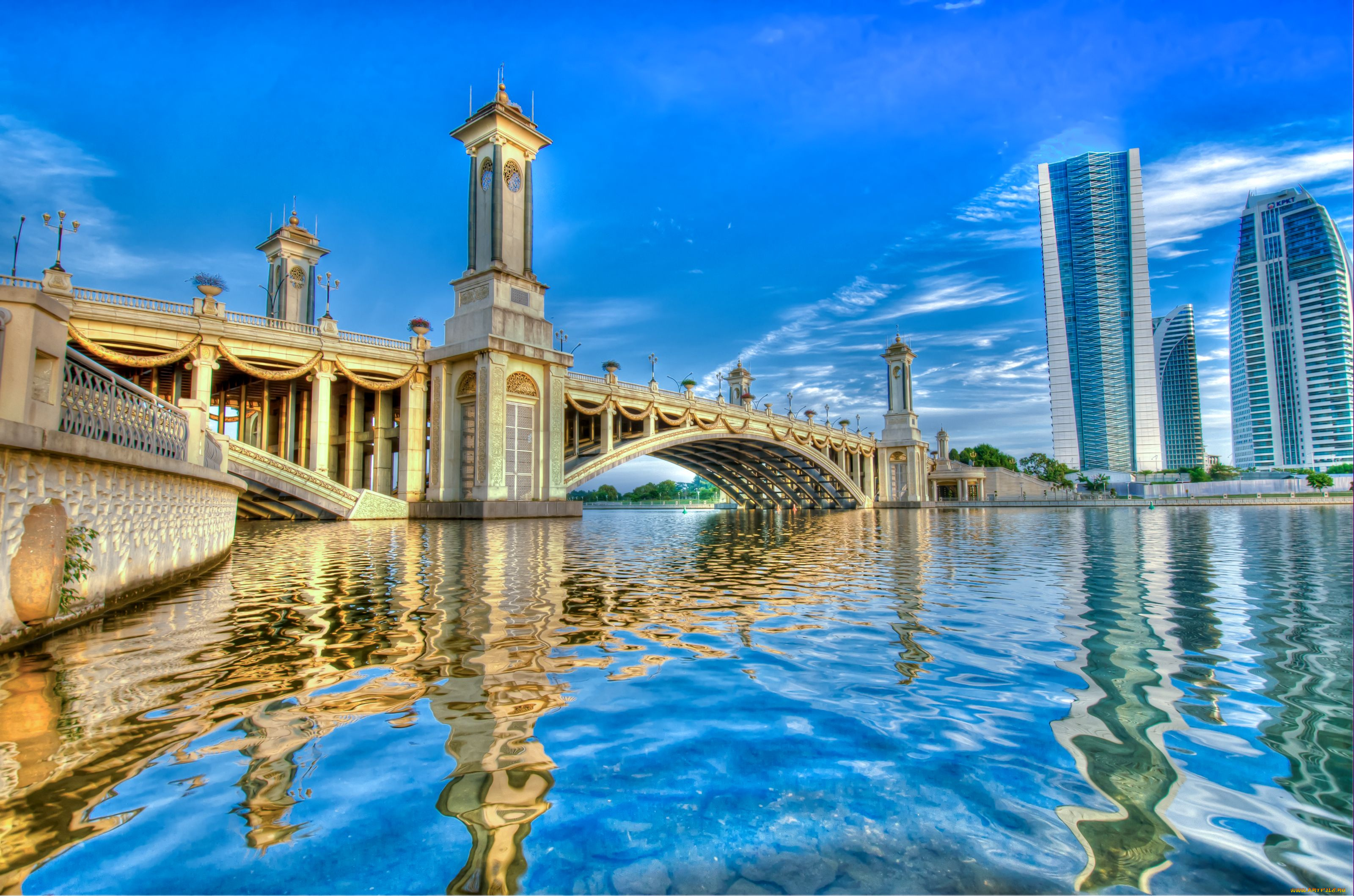 малайзия, города, мосты, небоскребы, вода, отражение