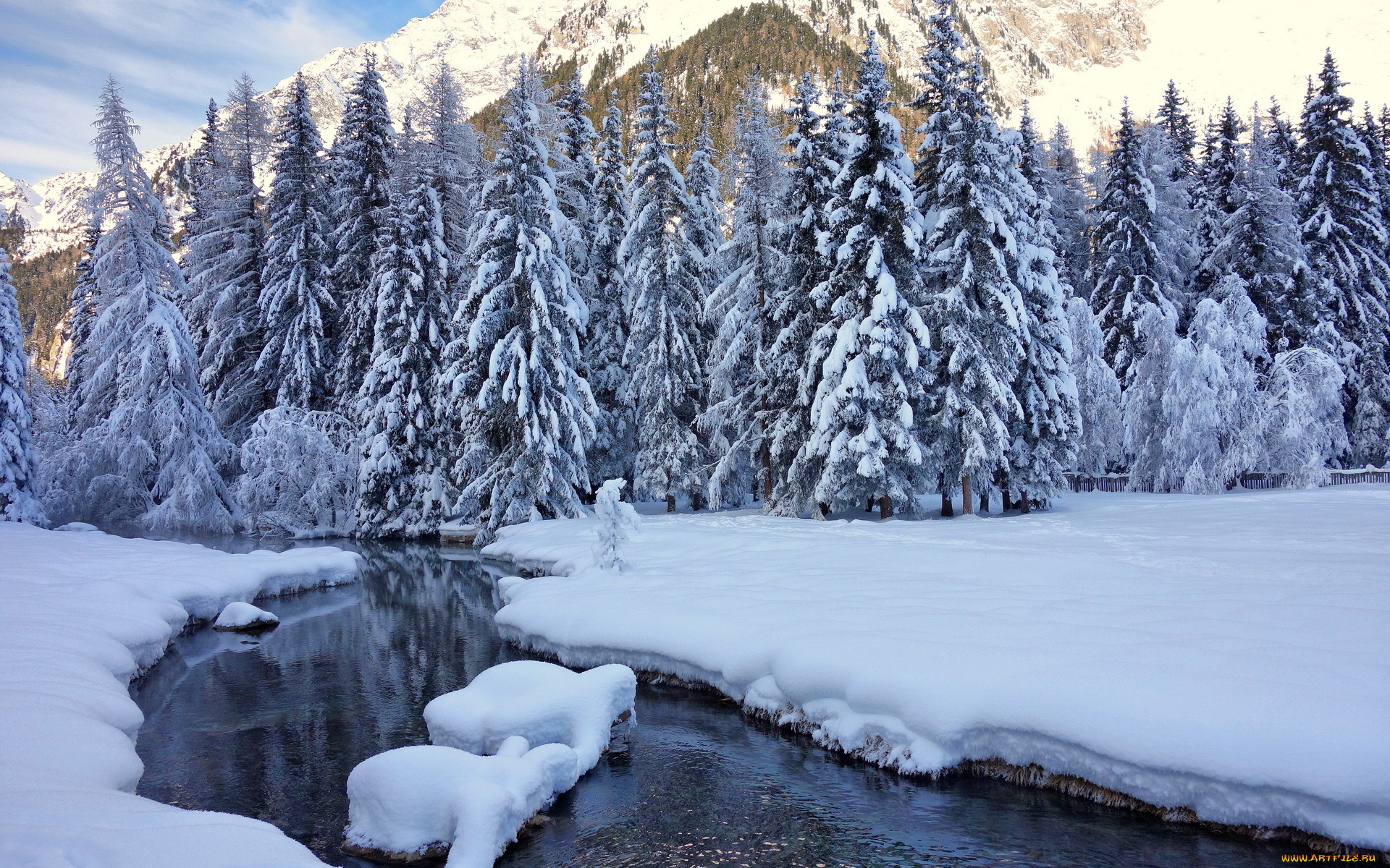 природа, зима, ручей, снег, вершина