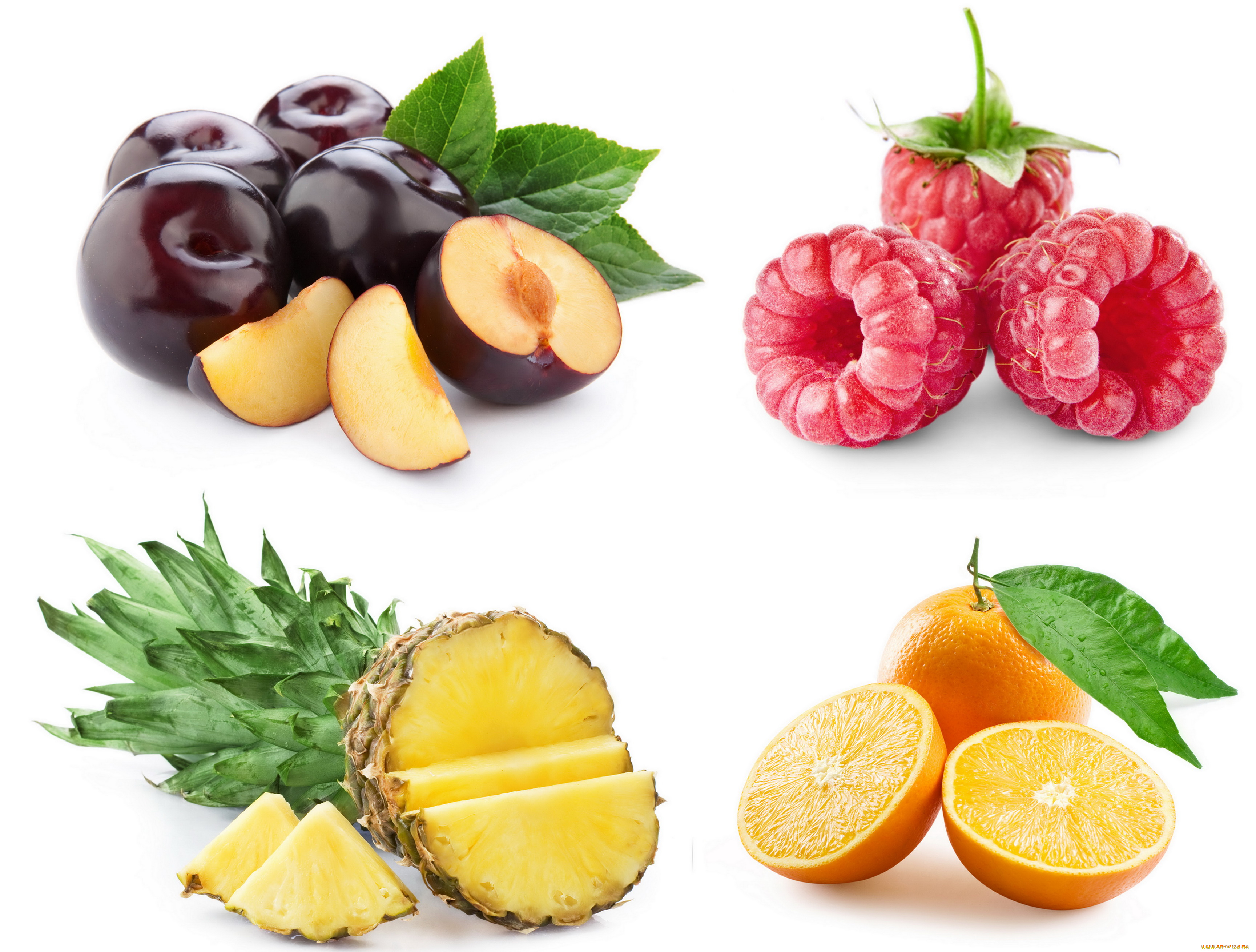 еда, фрукты, ягоды, ананас, сливы, персики, малина