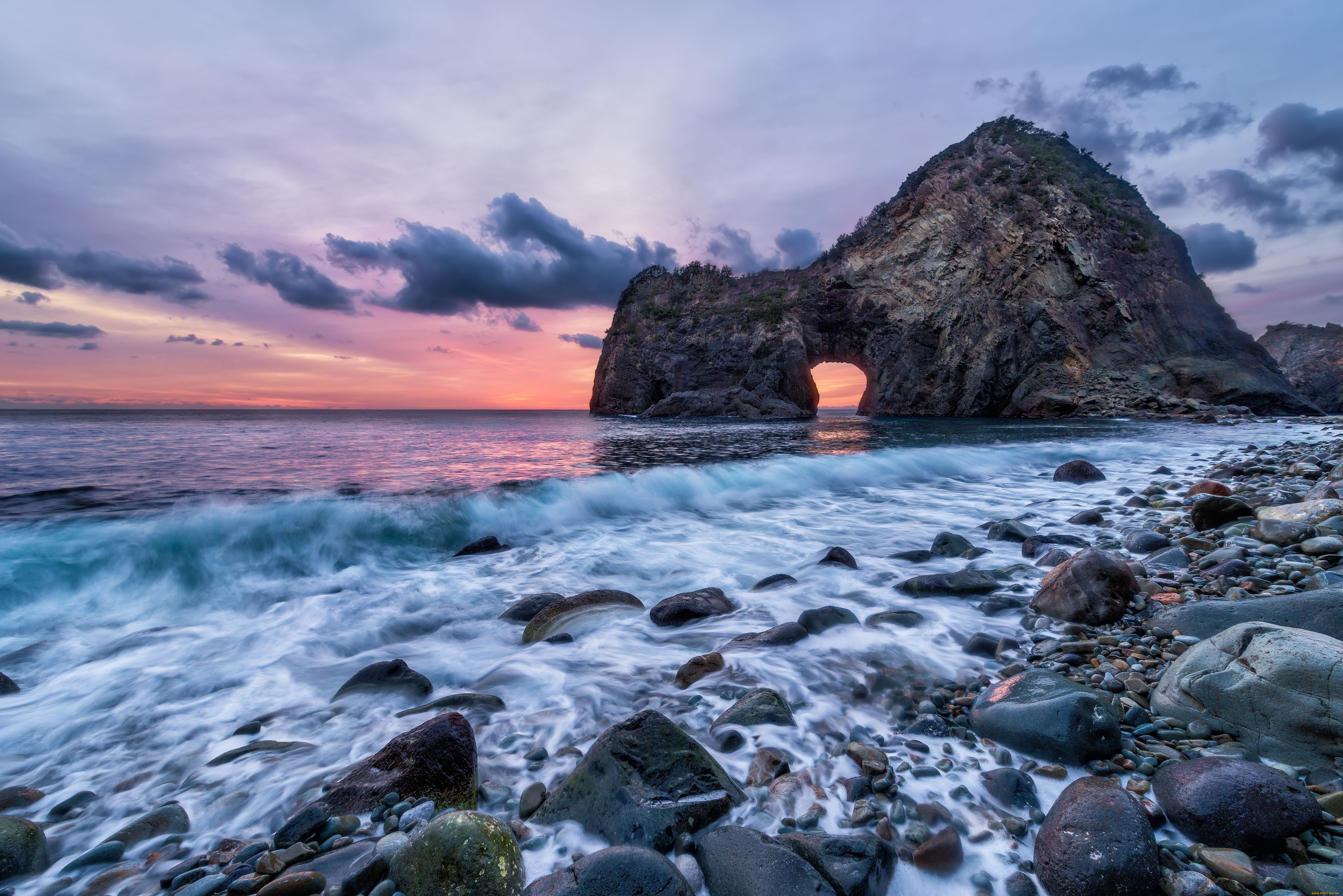 природа, побережье, Япония, море, скала, арка, камни, закат