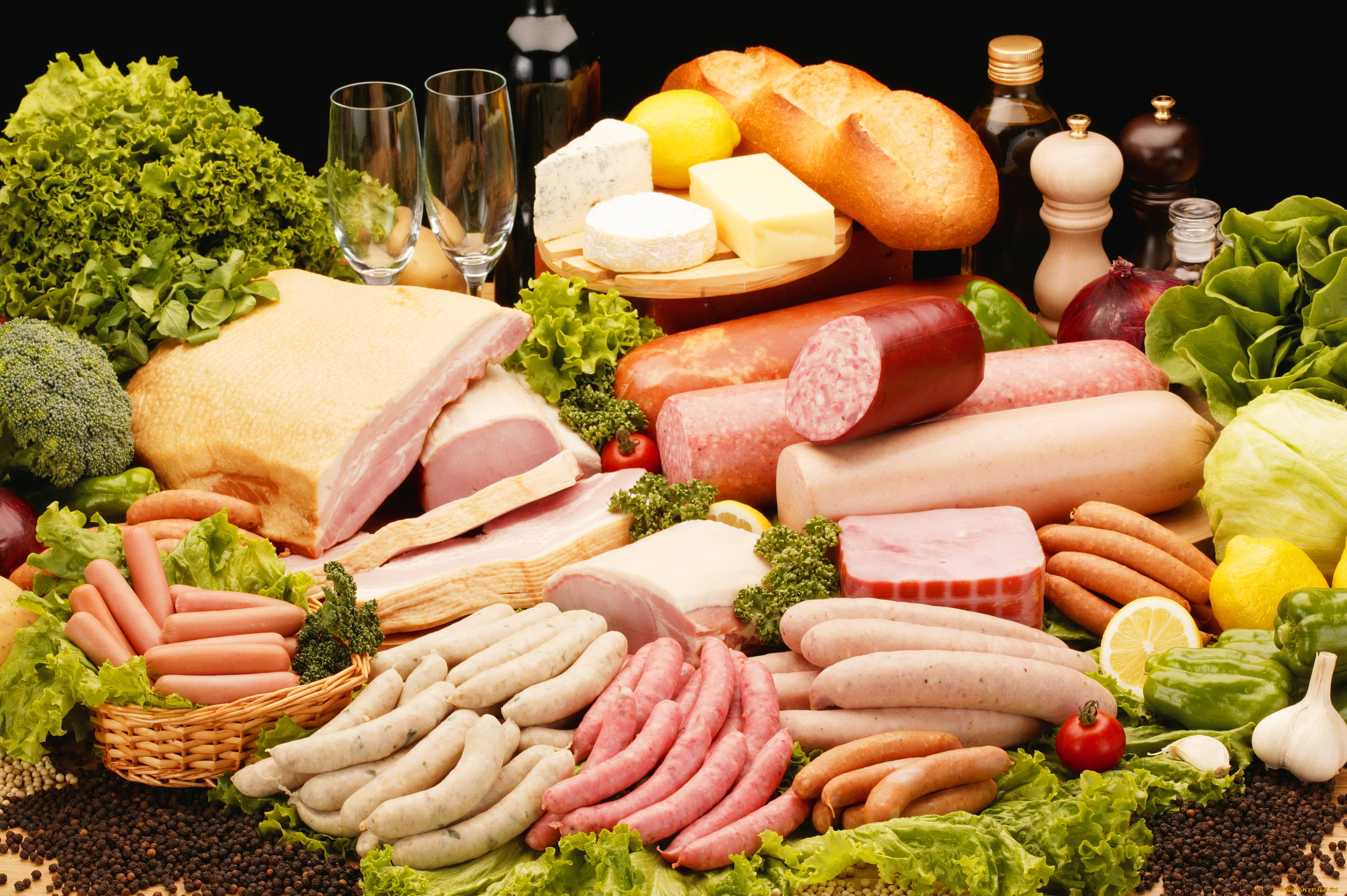 еда, колбасные, изделия, овощи, батон, сыр, мясо, колбаса, сосиски, ветчина