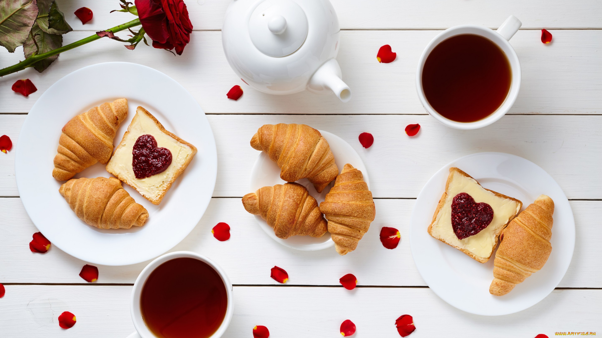 еда, разное, сердечки, завтрак, love, heart, croissant, coffee, cup, кофе, круассан, breakfast, romantic, rose