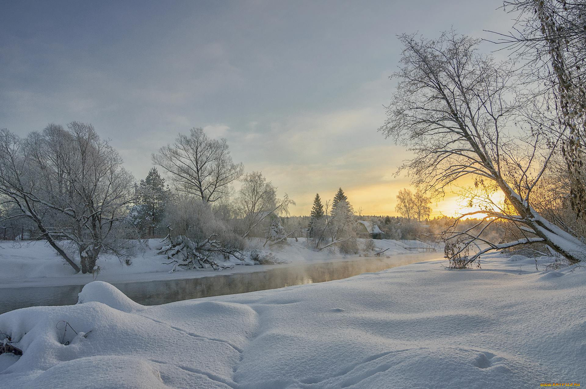 природа, зима, снег, река