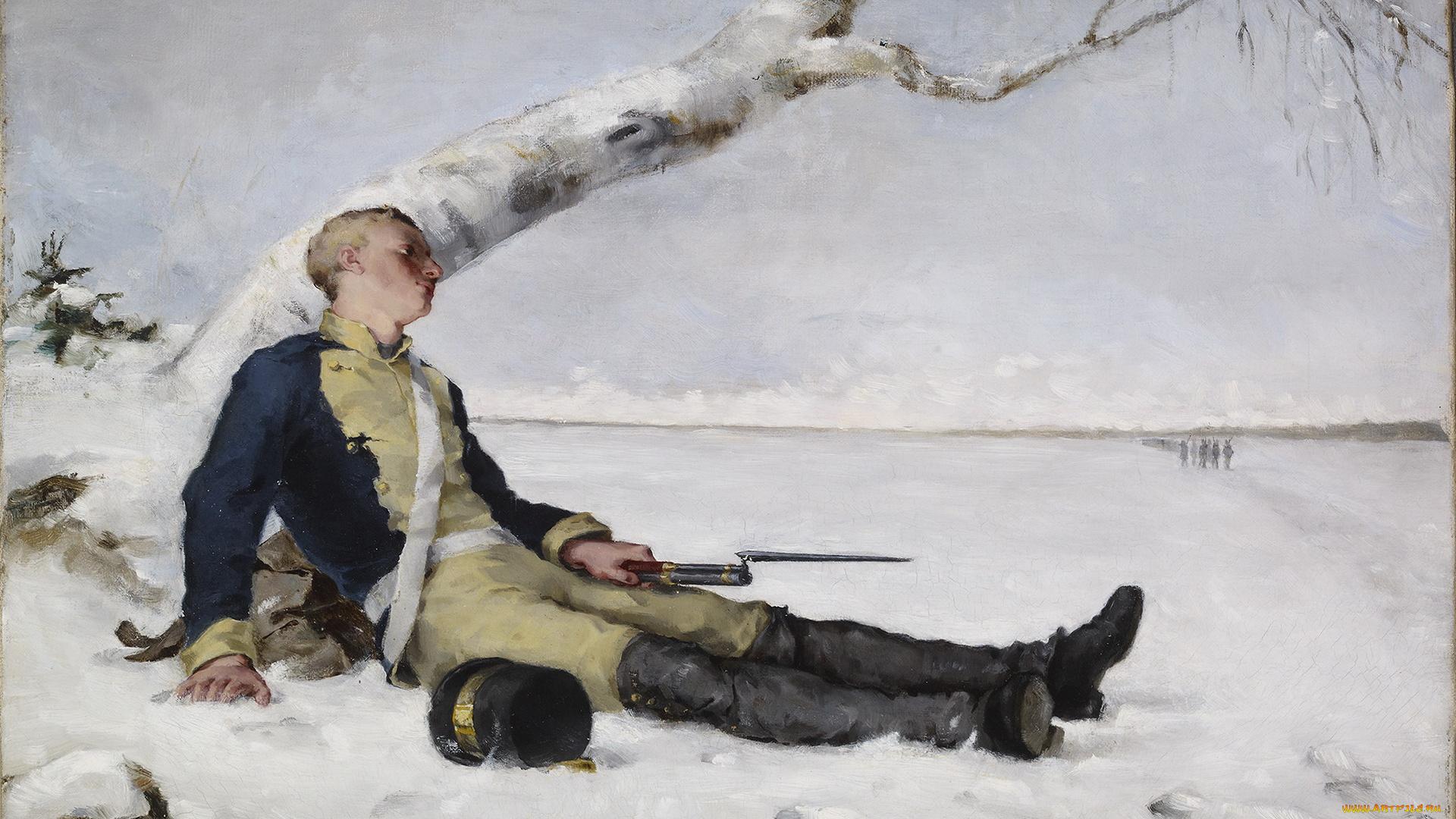 рисованное, живопись, солдат, снег, дерево, отдых