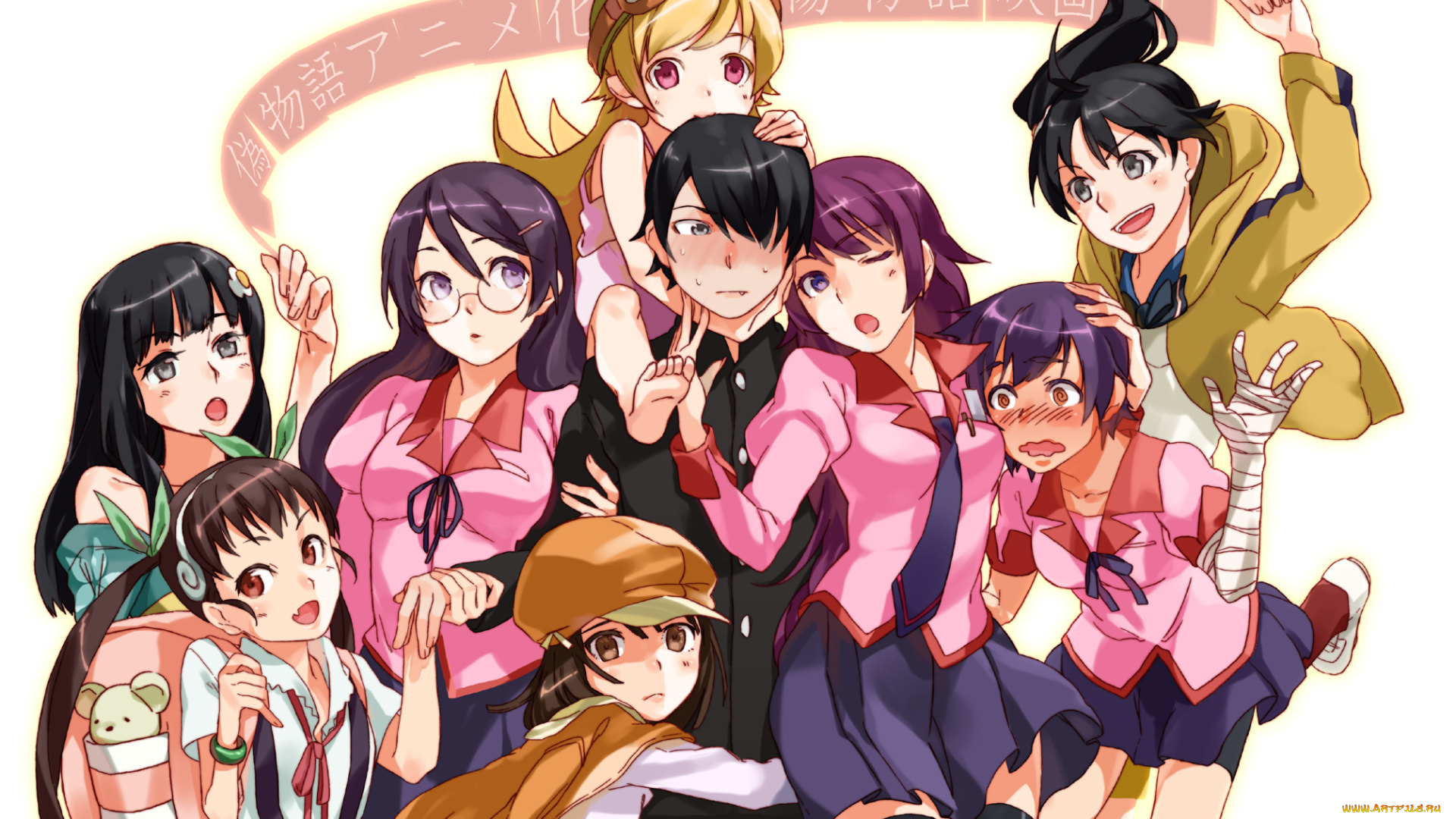 аниме, bakemonogatari, araragi, koyomi, araragi, karen, araragi, tsukihi, sengoku, nadeko, hanekawa, tsubasa, hachikuji, mayoi, kanbaru, suruga, oshino, shinobu, senjougahara, hitagi, девушки, мужчина