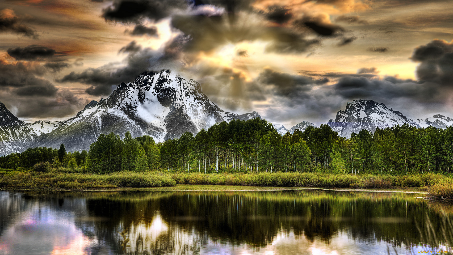 oxbow, bend, lake, grand, teton, national, park, природа, пейзажи, деревья, горы, озеро