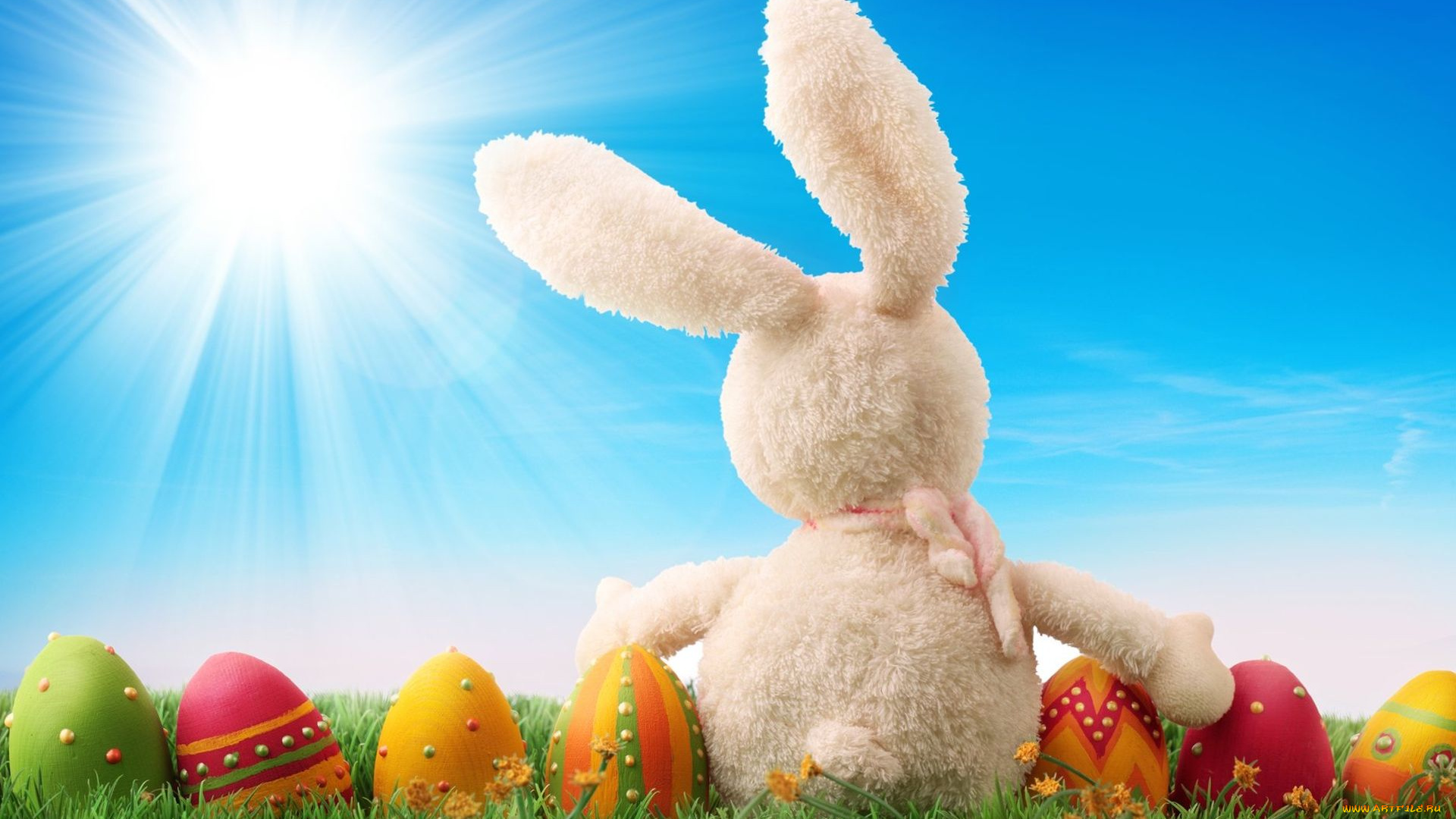 праздничные, пасха, кролик, игрушка, трава, цветы, крашенки, пасхальные, яйца
