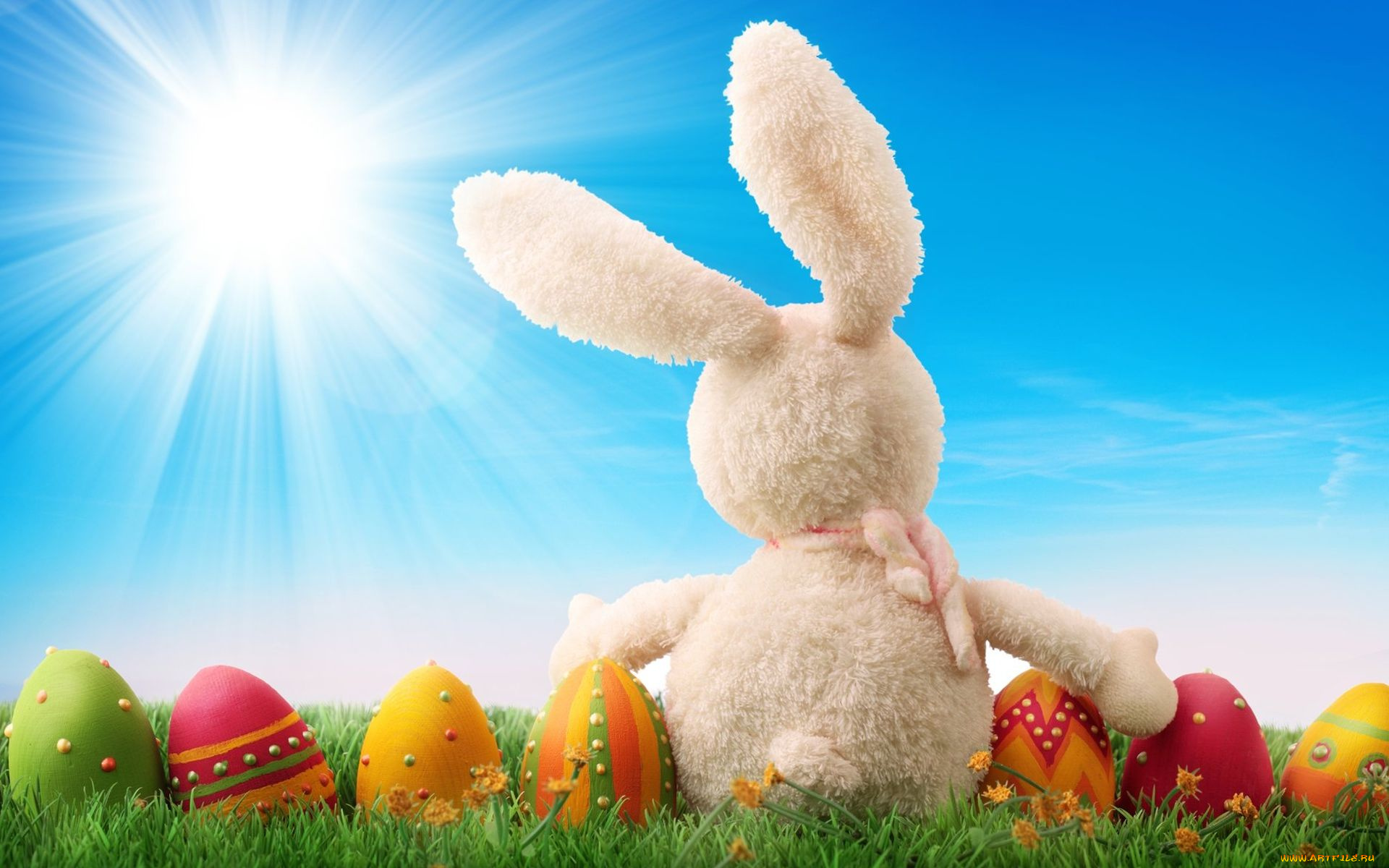 праздничные, пасха, кролик, игрушка, трава, цветы, крашенки, пасхальные, яйца