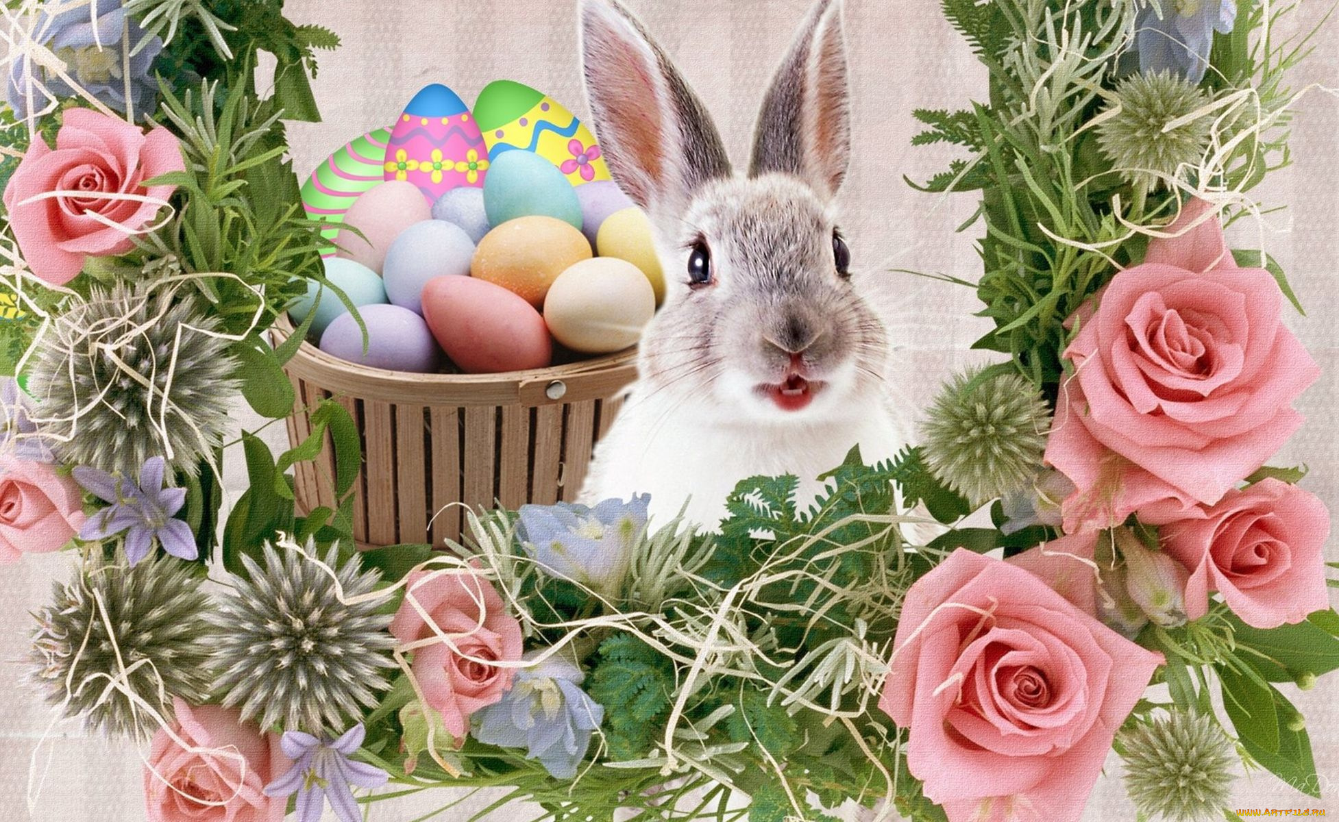 праздничные, пасха, кролик, цветы, розы, крашенки, пасхальные, яйца