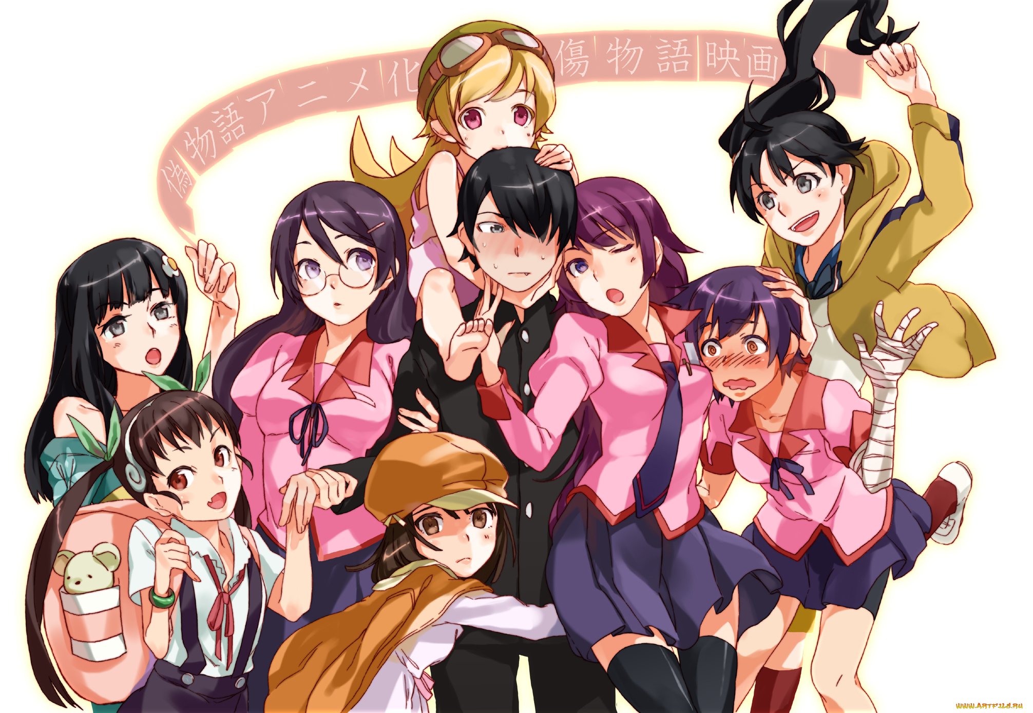 аниме, bakemonogatari, araragi, koyomi, araragi, karen, araragi, tsukihi, sengoku, nadeko, hanekawa, tsubasa, hachikuji, mayoi, kanbaru, suruga, oshino, shinobu, senjougahara, hitagi, девушки, мужчина