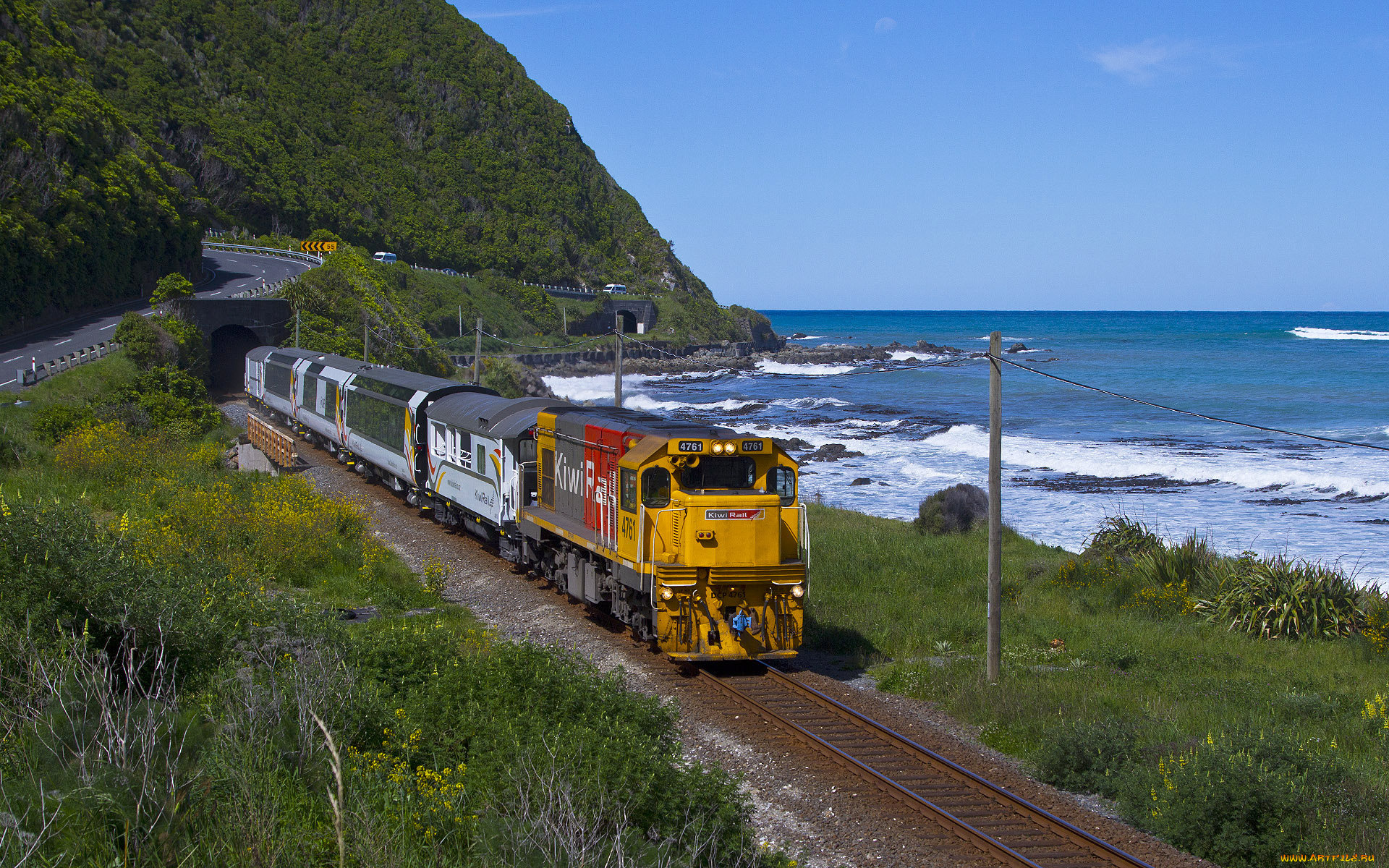 coastal, train, trip, техника, поезда, океан, побережье, рельсы, тоннель, поезд