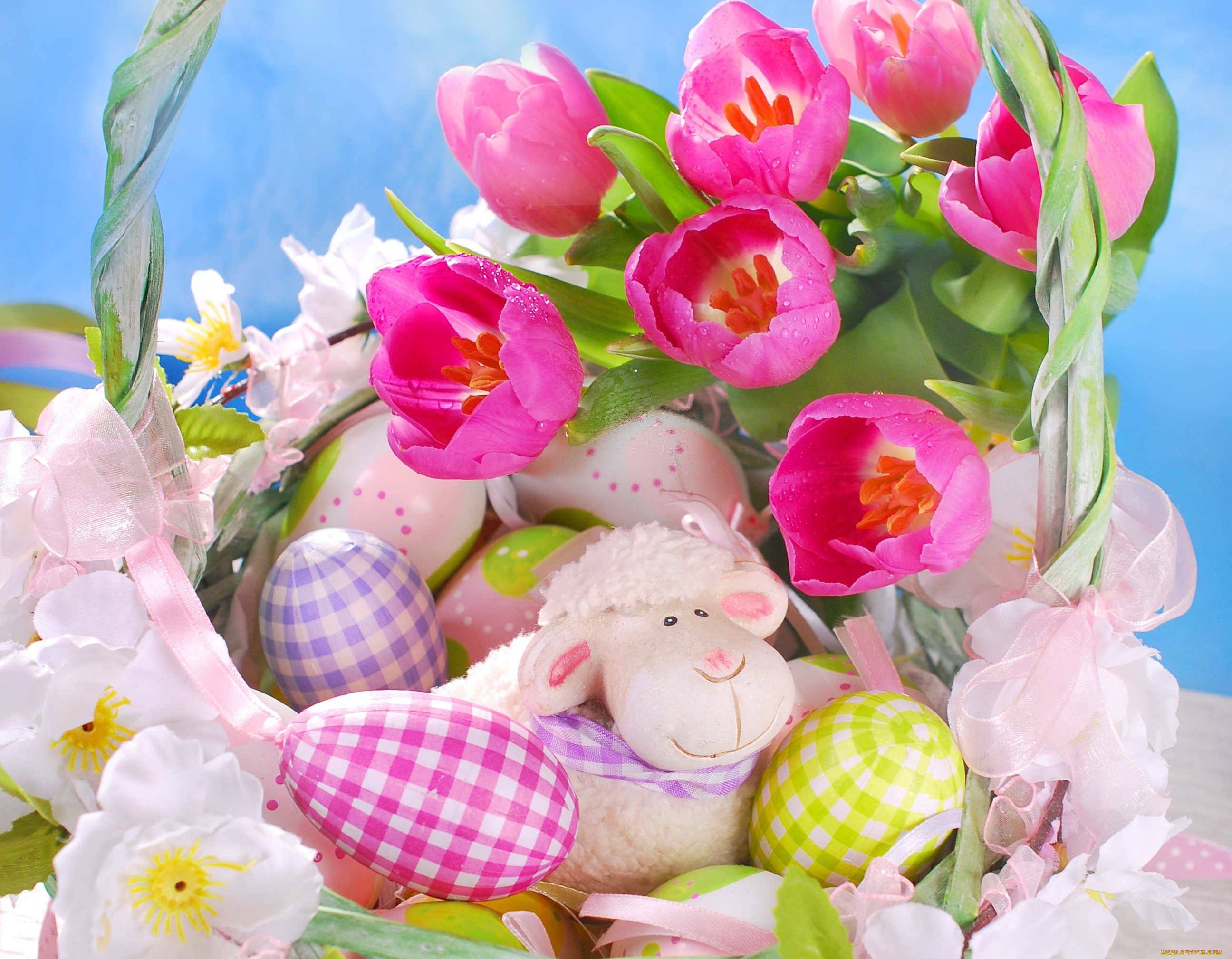праздничные, пасха, яйца, пасхальные, тюльпаны, цветы