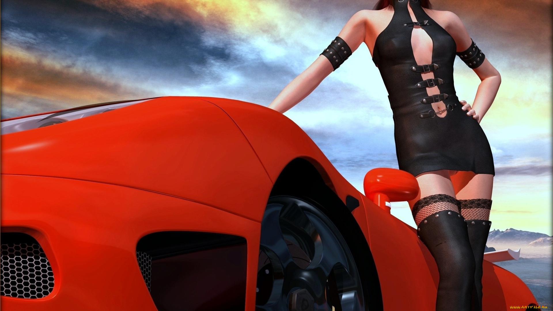 автомобили, 3d, car&girl, взгляд, девушка, фон, автомобиль