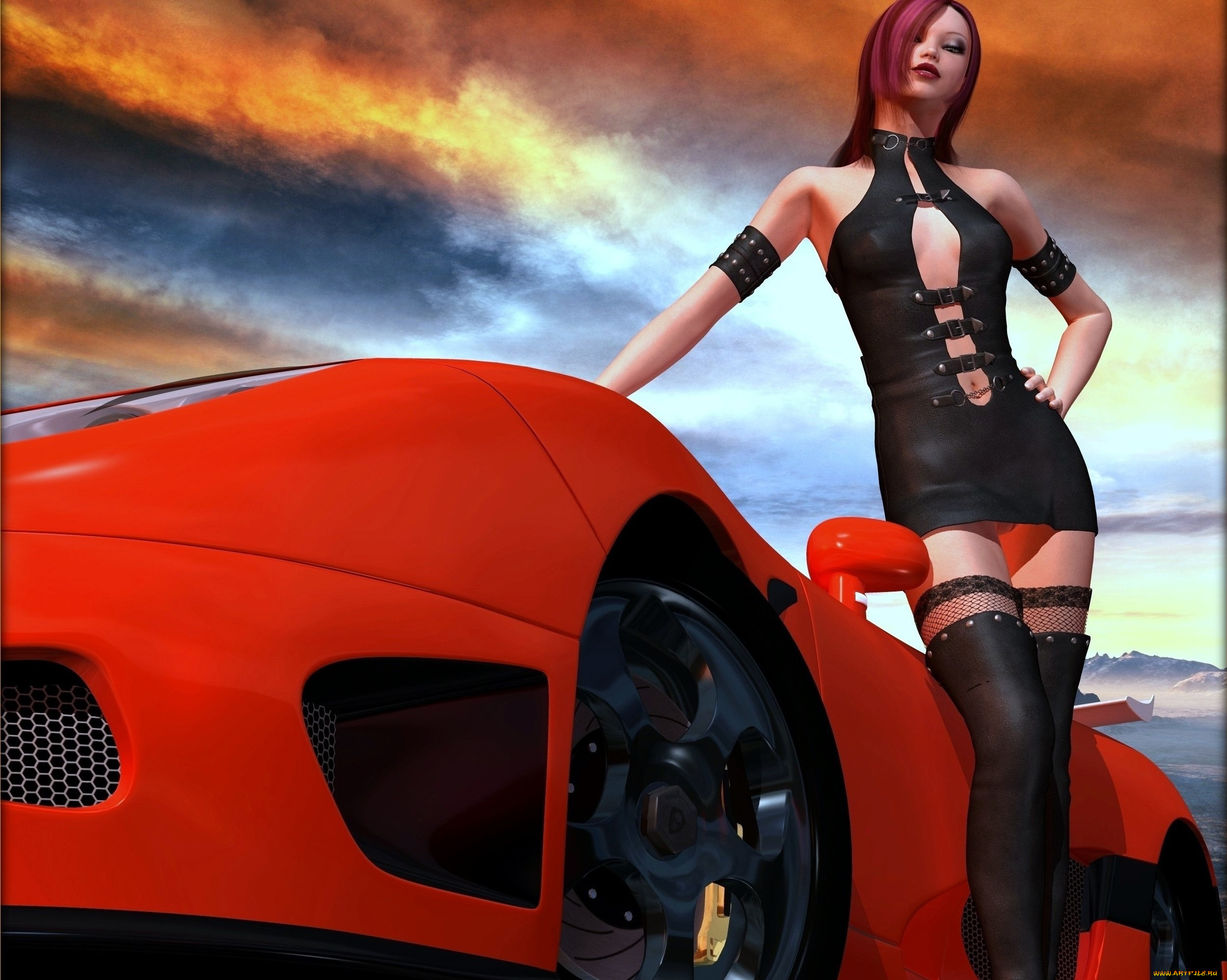 автомобили, 3d, car&girl, взгляд, девушка, фон, автомобиль