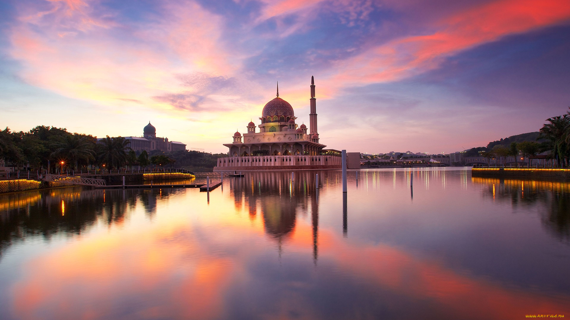 malaysia, города, -, мечети, , медресе, храм, мечеть, отражение, вода, вечер