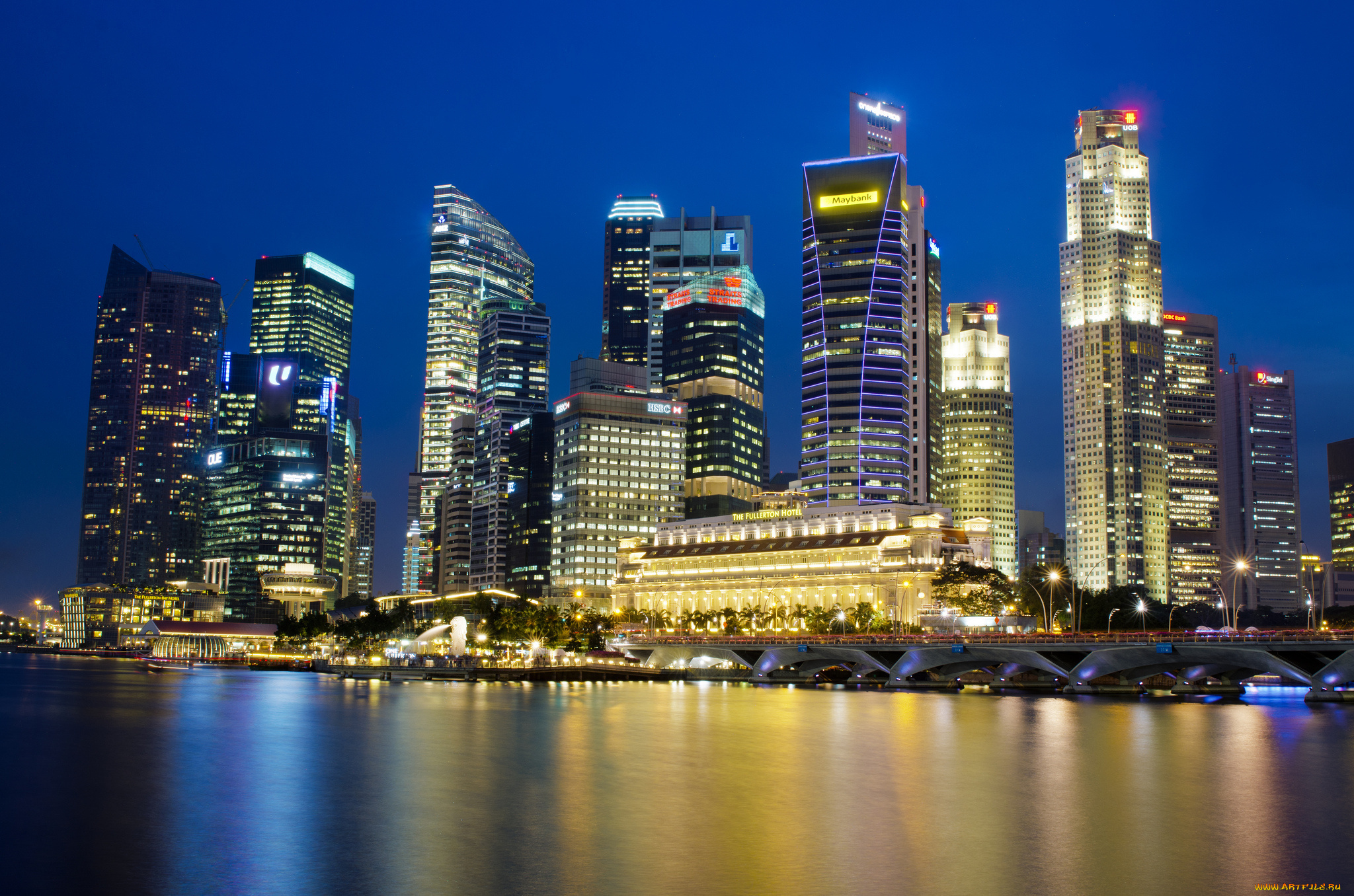 сингапур, города, небо, подсветка, ночь, огни, синее, залив, отражение, небоскребы