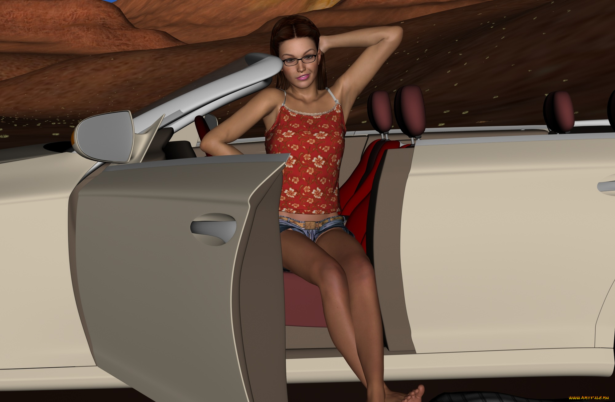 автомобили, 3d, car&girl, улыбка, автомобиль, фон, взгляд, девушка