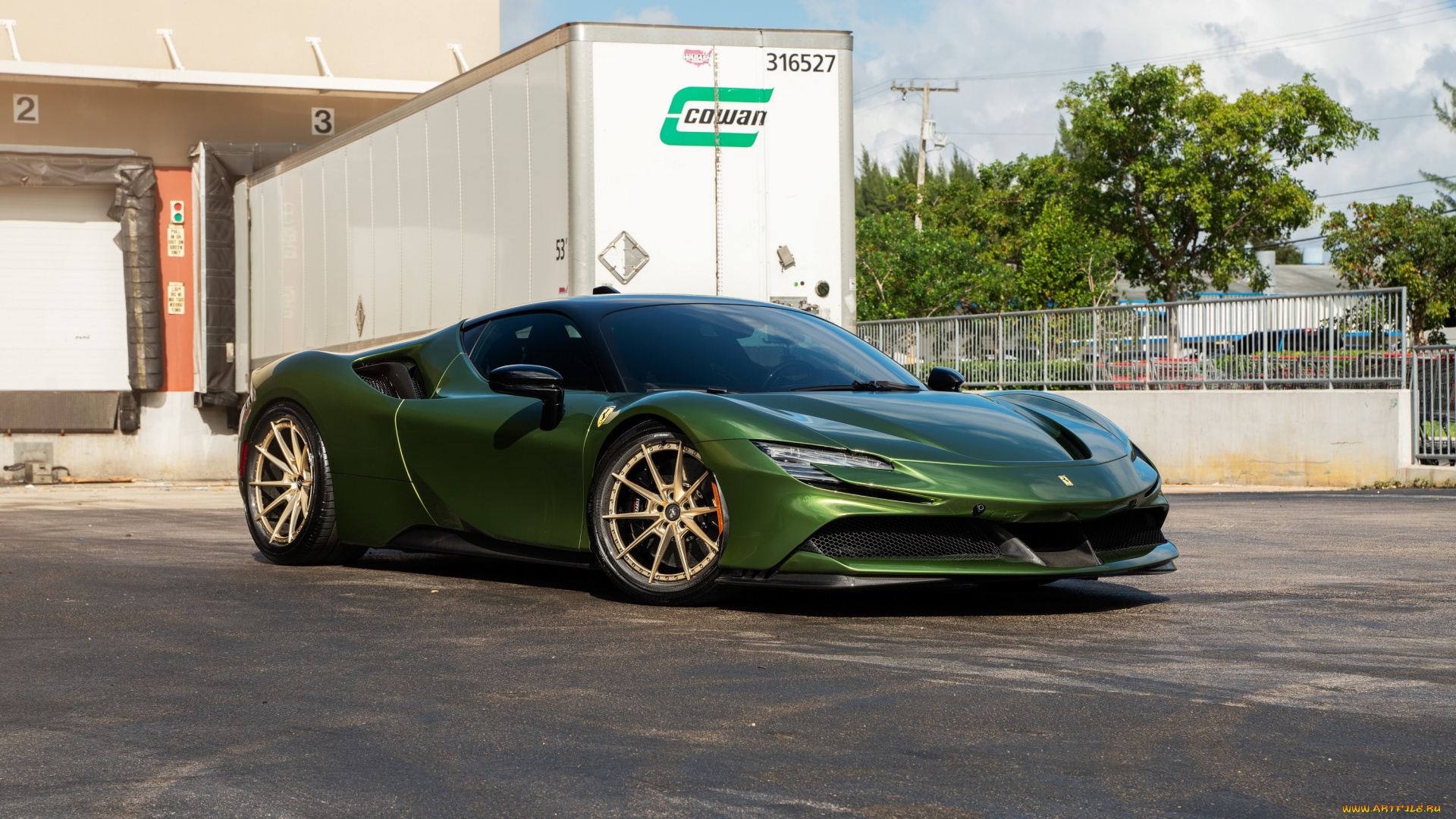 автомобили, ferrari, green, trailer, sportcar, sf90