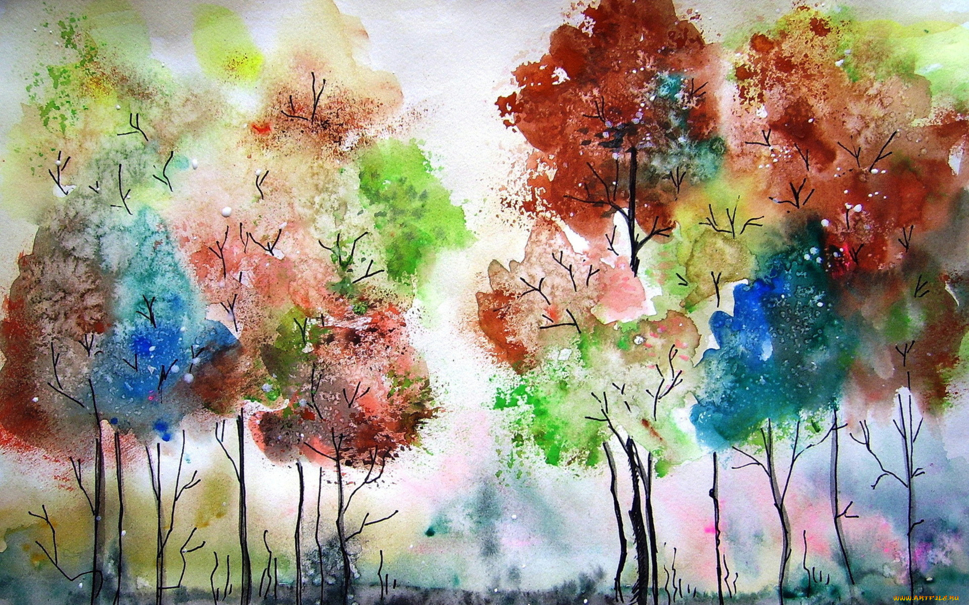 рисованное, живопись, деревья