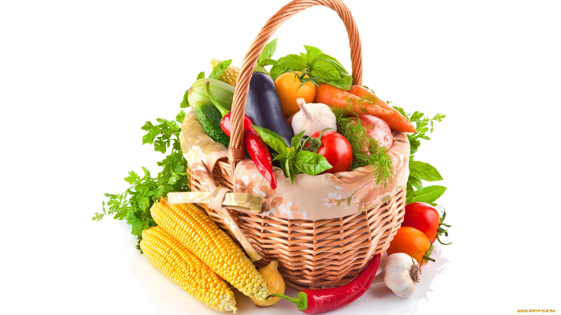 еда, овощи, баклажан, морковь, чеснок, зелень, перец, корзинка, помидоры, кукуруза