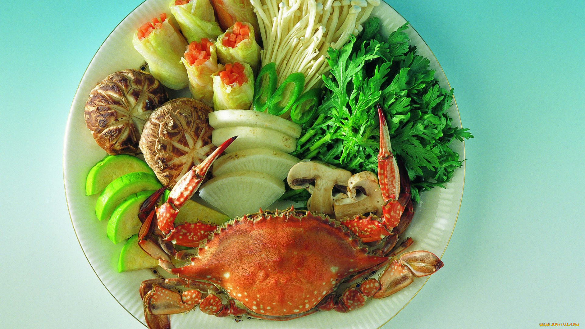 еда, рыбные, блюда, морепродуктами, сыроедение, краб, грибы, зелень, овощи, петрушка