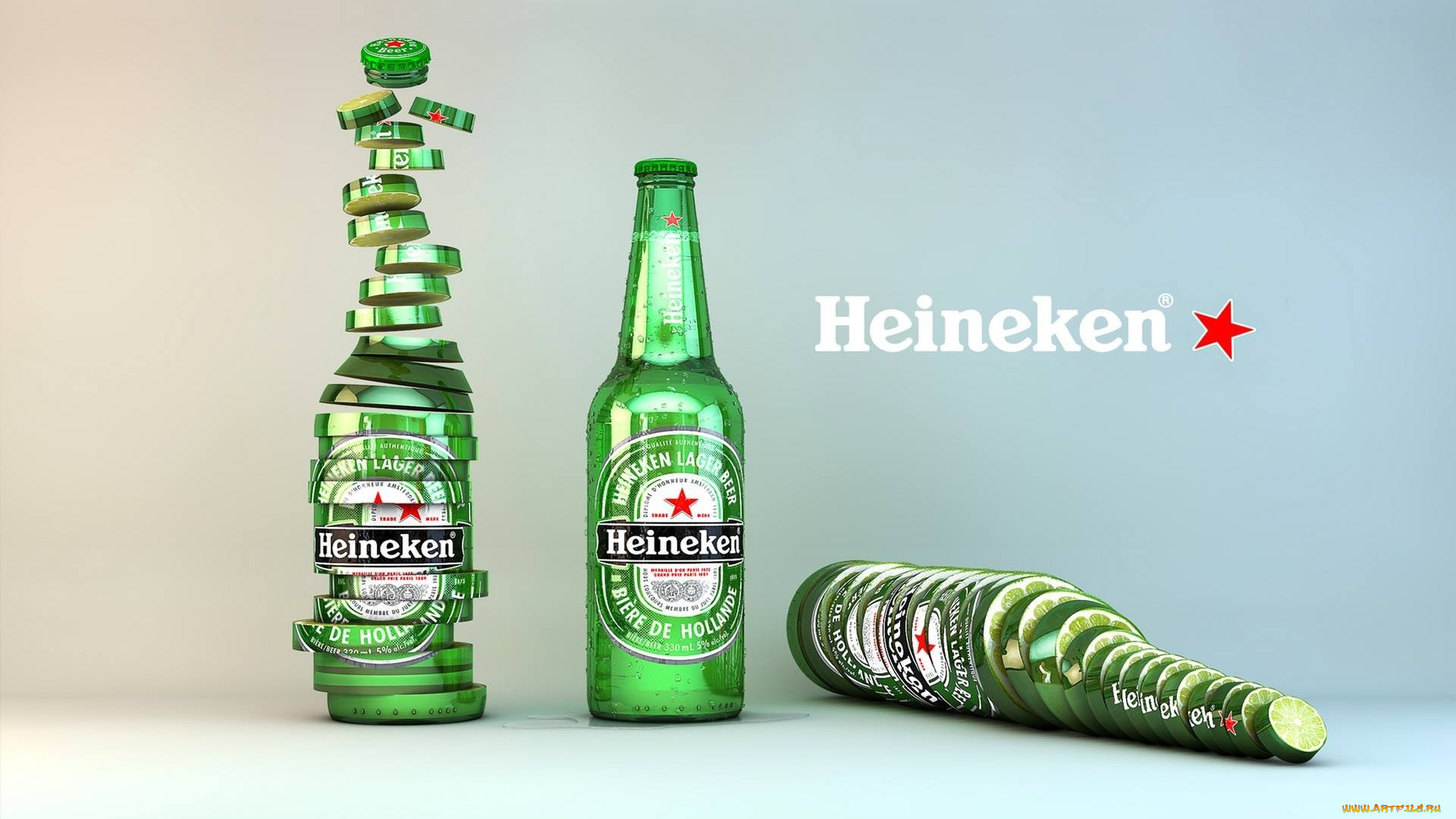 heineken, бренды, зеленый, лимон, дольки, бутылка, этикетка, пиво