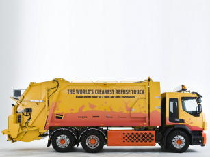 Картинка автомобили мусоровозы truck fe volvo test rolloffcon hybrid желтый