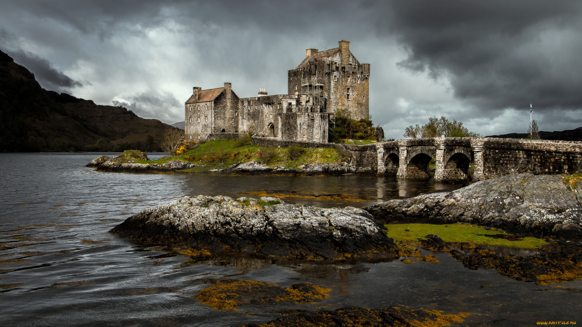 eilean, donan, castle-scotland, города, замок, эйлен-донан, , шотландия, скалы, мост, река, замок