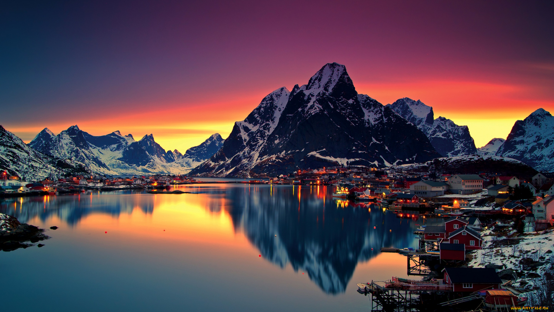 города, -, пейзажи, озеро, горы, огни, ночь, зима, lofoten, норвегия, снег, небо, рассвет, дома