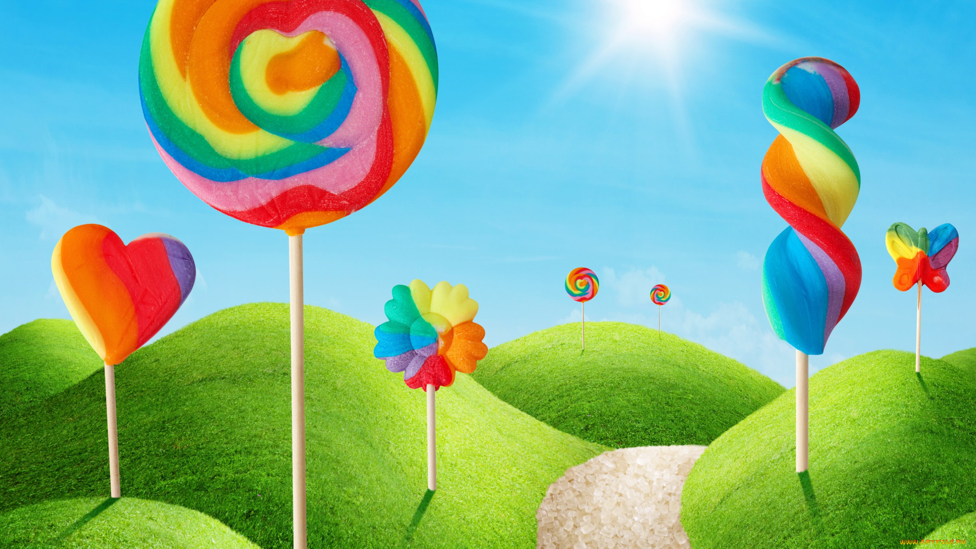 разное, компьютерный, дизайн, sweet, candy, lollypop, colorful, леденцы, солнце, трава, небо