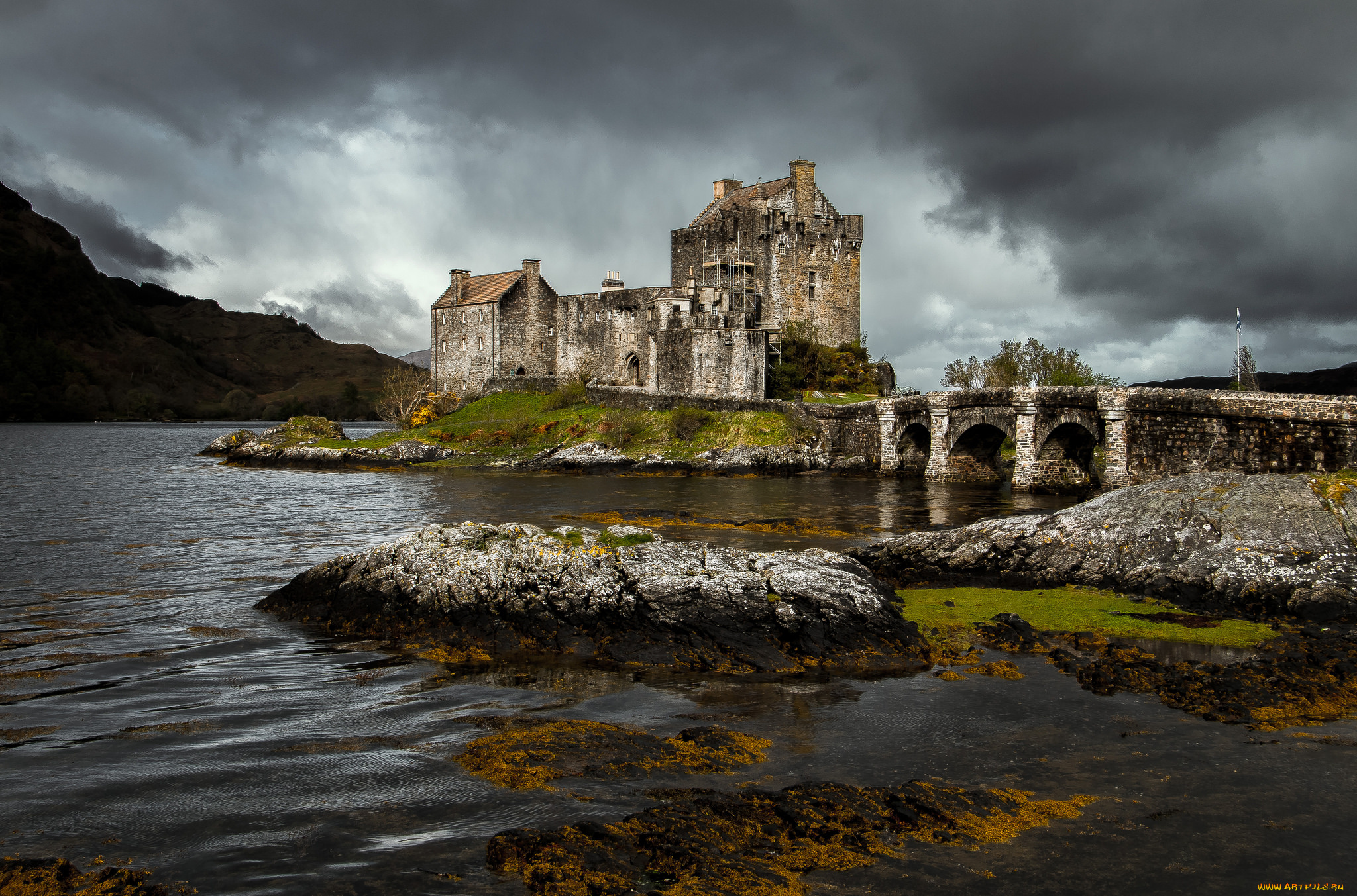 eilean, donan, castle-scotland, города, замок, эйлен-донан, , шотландия, скалы, мост, река, замок