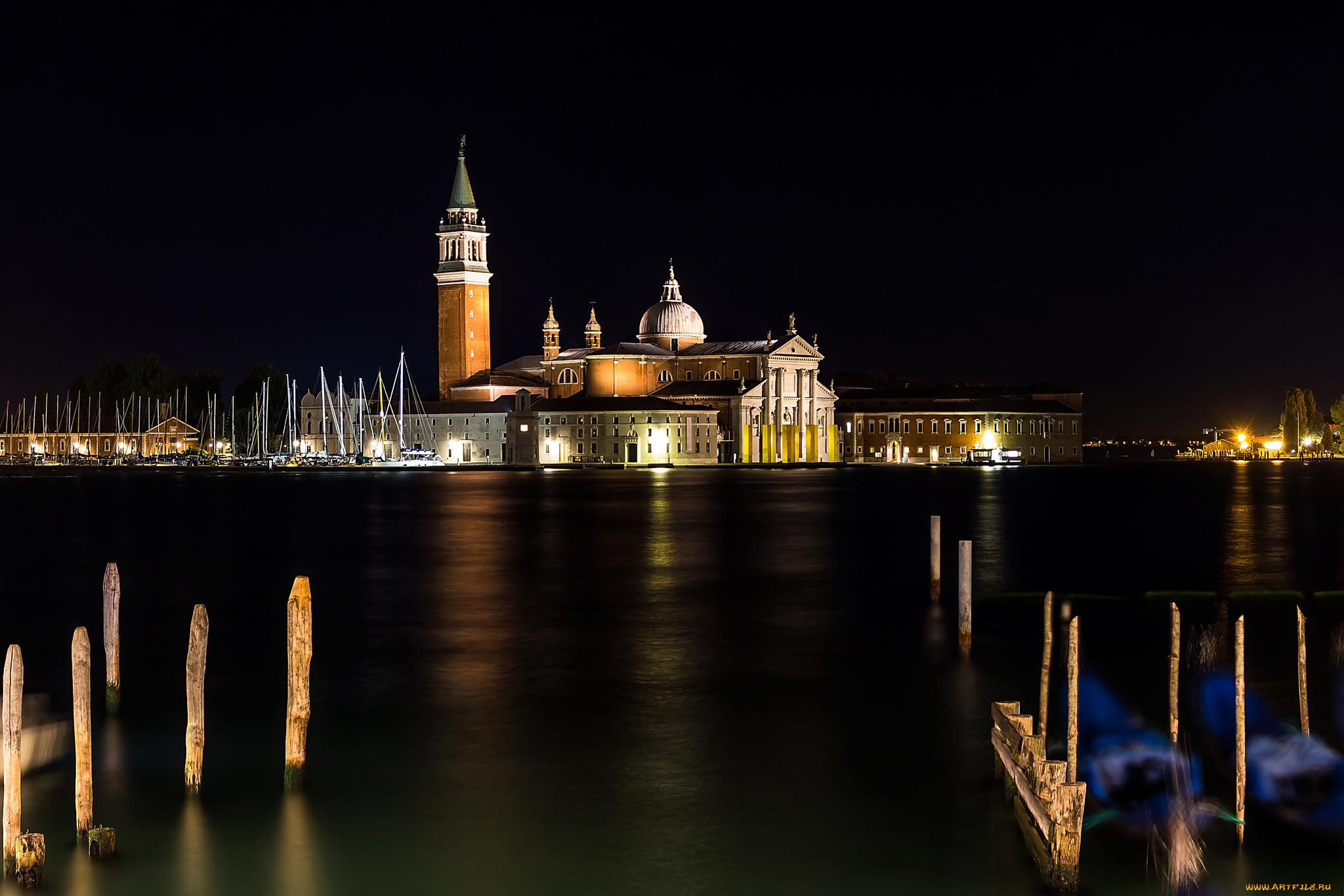 night, in, venice, города, венеция, , италия, ночь, канал, башня, огни