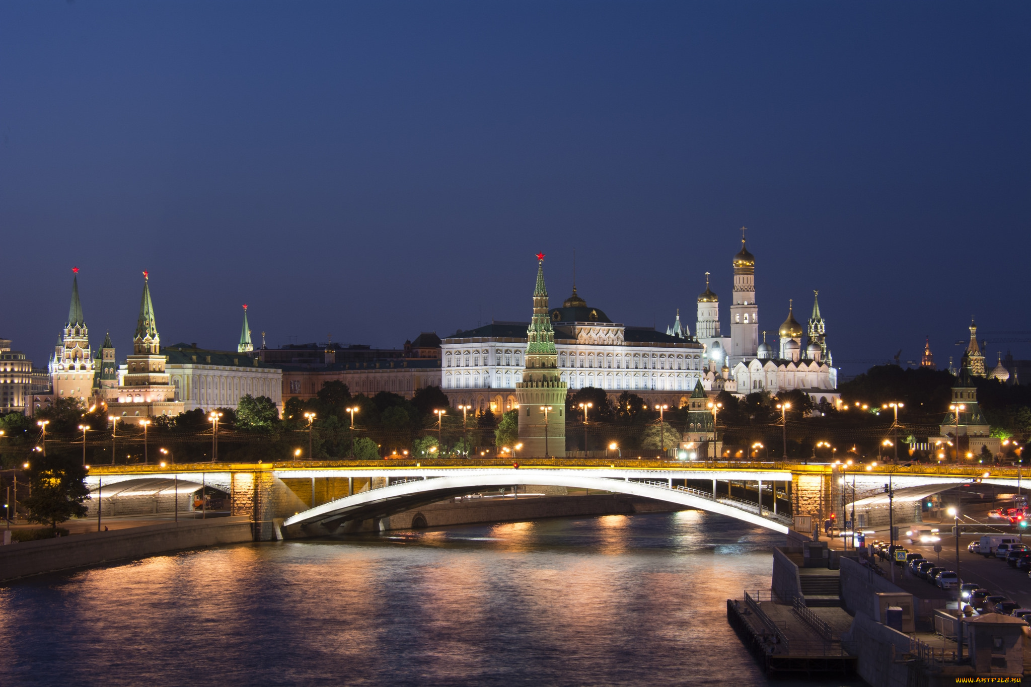 ночной, кремль, и, большой, каменный, мост, города, москва, , россия, ночь, река, мост, огни