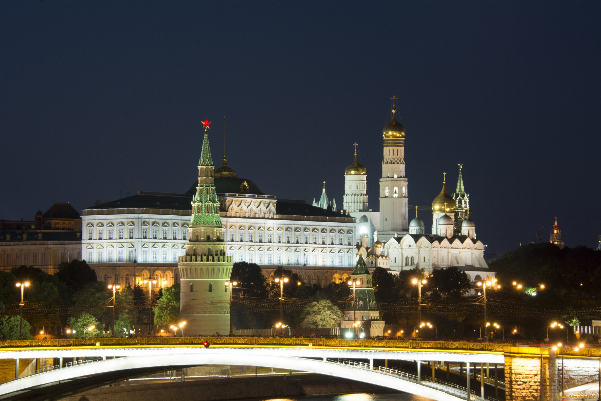 ночной, кремль, и, большой, каменный, мост, города, москва, , россия, ночь, река, мост, огни