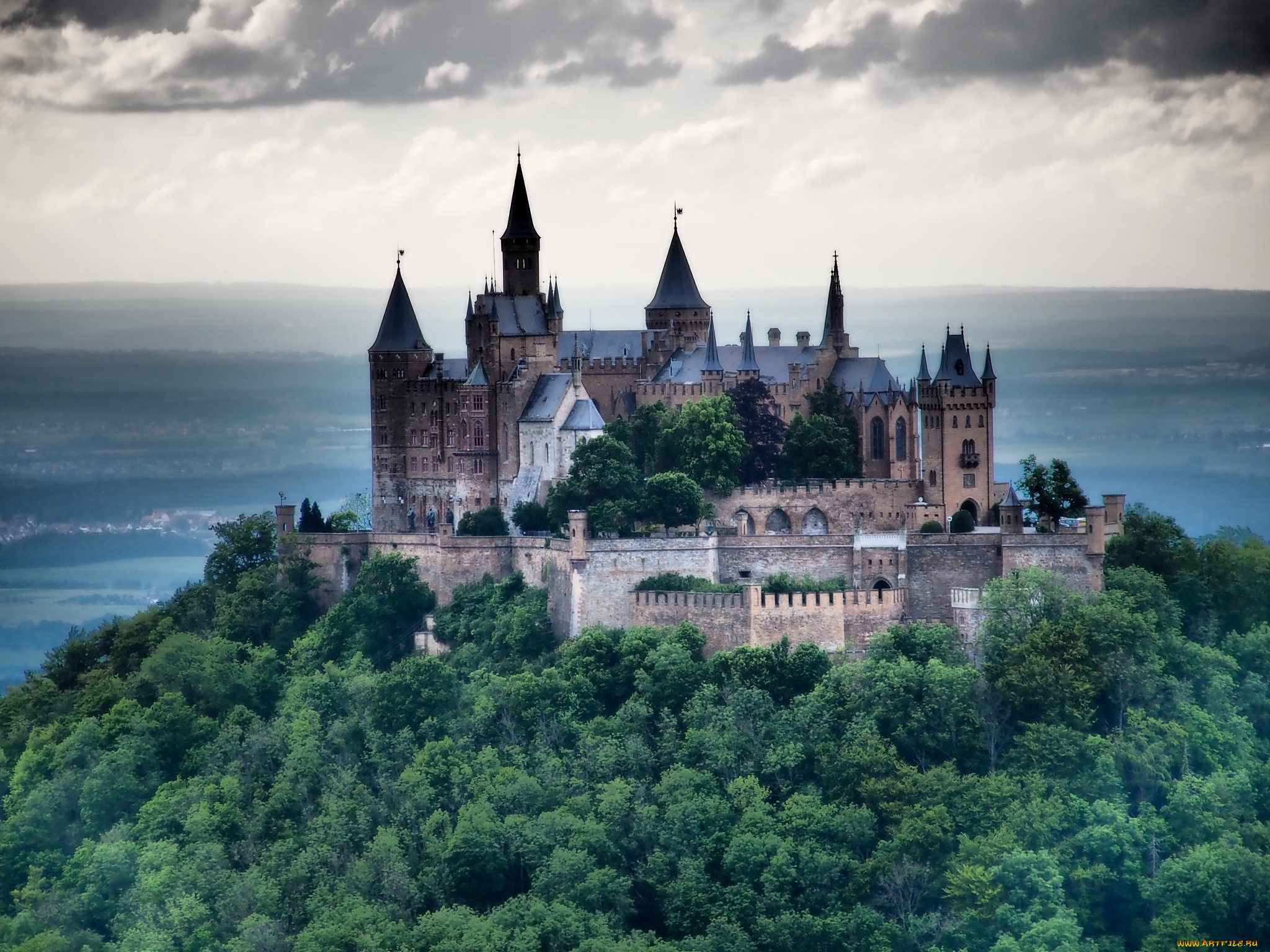 burg, hohenzollern, города, замки, германии, холм, лес, замок