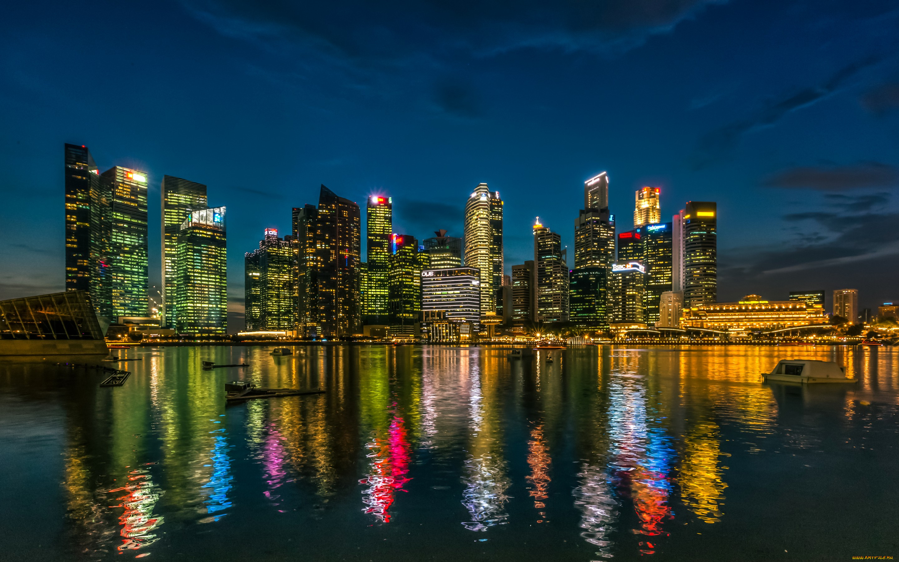 города, сингапур, , сингапур, огни, отражение, ночь, побережье, вода, небоскребы