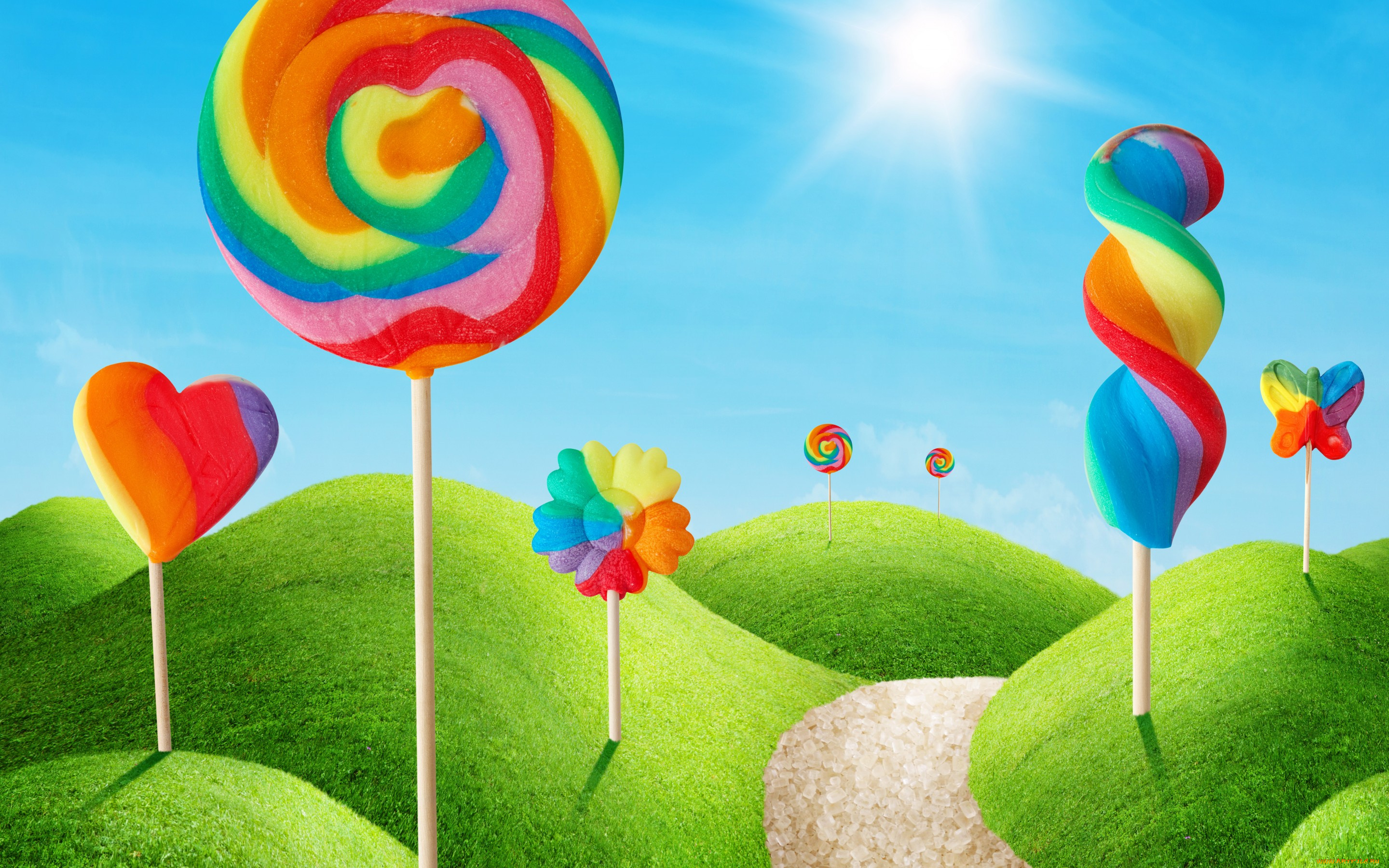 разное, компьютерный, дизайн, sweet, candy, lollypop, colorful, леденцы, солнце, трава, небо