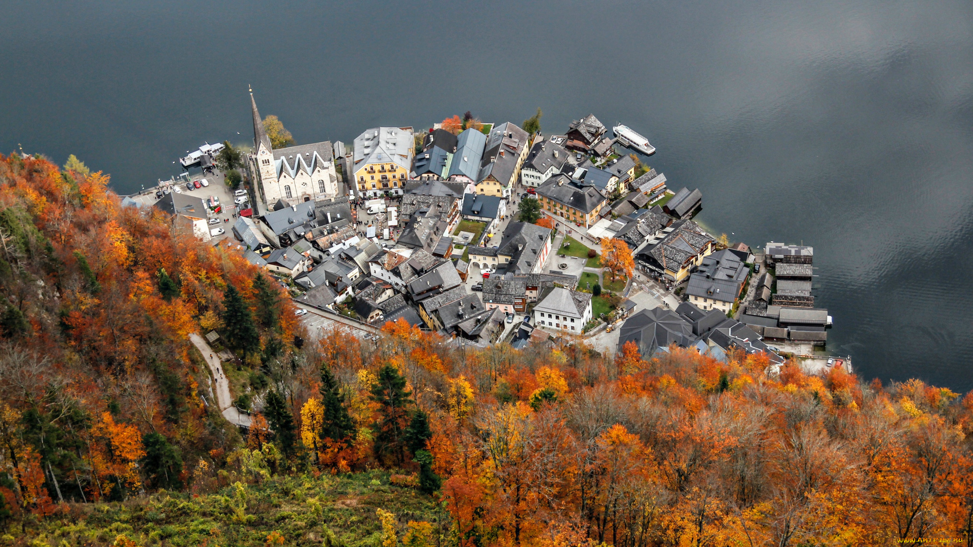 hallstatt, , austria, города, -, панорамы, здание, оранжевый, деревья, вода, озеро, церковь, австрия, осень, город