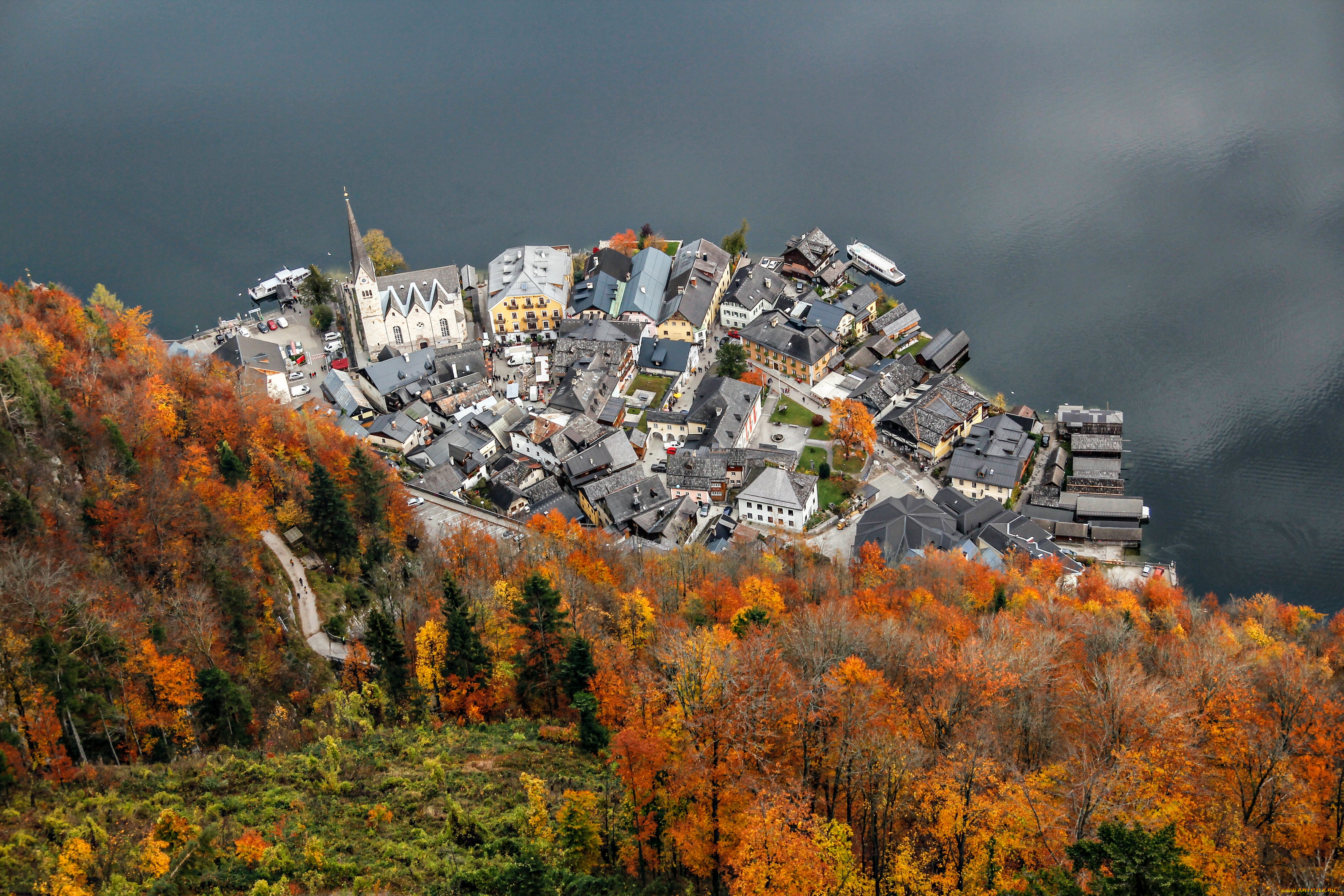 hallstatt, , austria, города, -, панорамы, здание, оранжевый, деревья, вода, озеро, церковь, австрия, осень, город