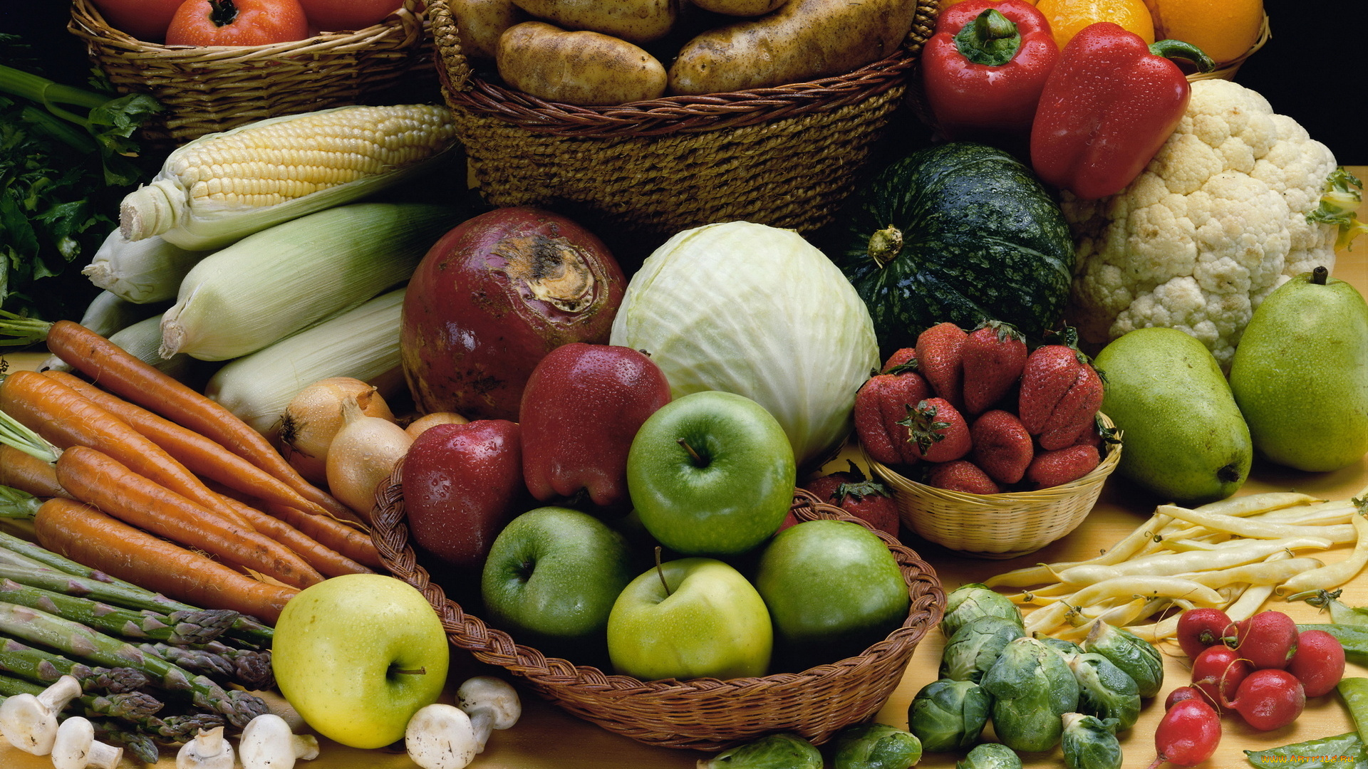 еда, фрукты, и, овощи, вместе, картошка, кукуруза, спаржа, яблоки, клубника