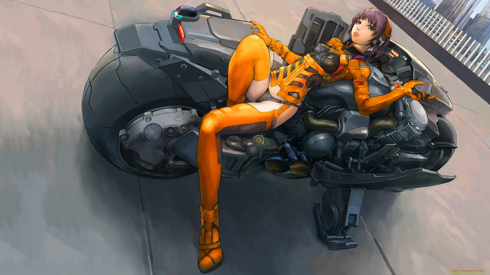 аниме, weapon, blood, technology, девушка, мотоцикл