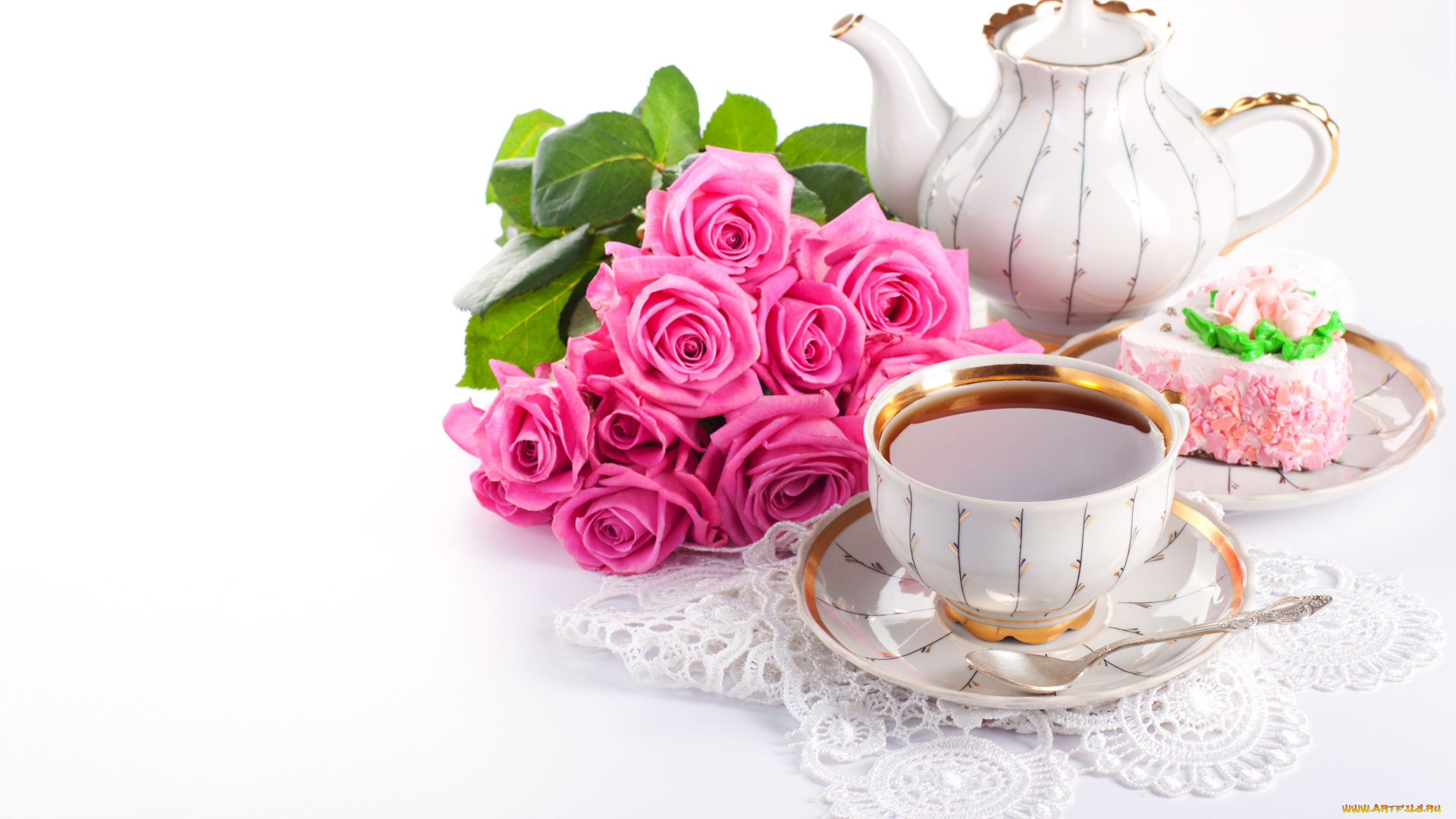 еда, напитки, Чай, чай, розы, цветы, пирожное, чашка, чайник