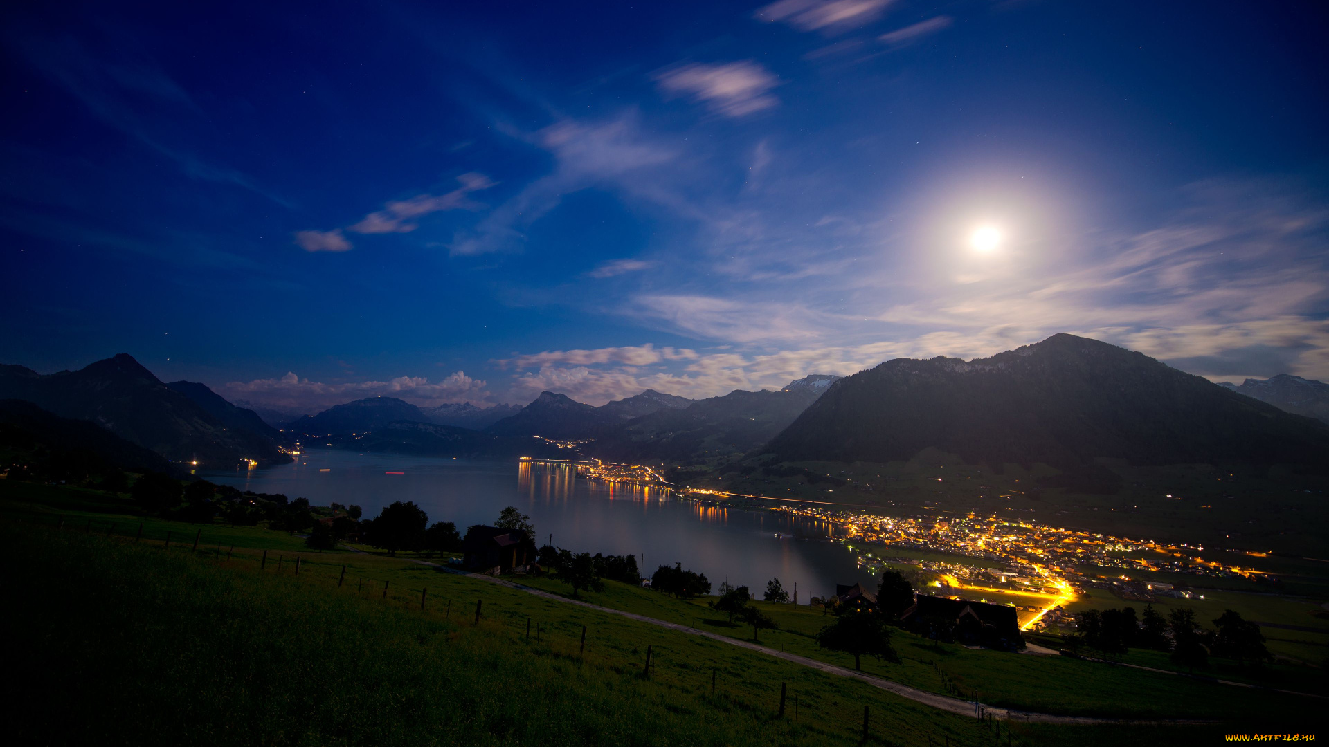 lake, lucerne, switzerland, природа, пейзажи, швейцария, озеро, горы, ночь